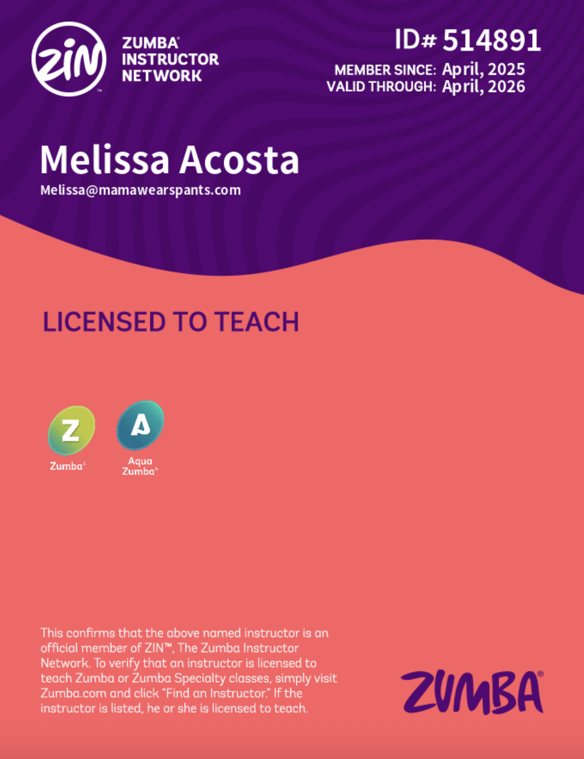 Licensed Zumba and Aqua Zumba Instructor badge – Melissa Acosta