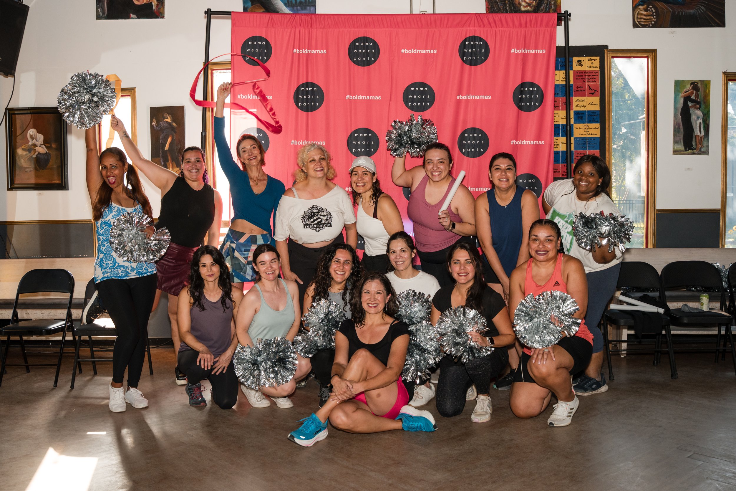 One of Bold Mama Fitness event called Mama's Dance Party, hosted by Melissa Acosta from mama wears pants.