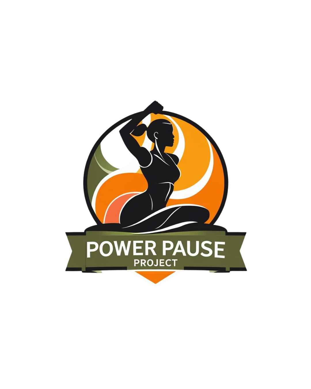Logo for Power Pause Project featuring a silhouette of a woman with a ponytail, sitting in a meditative pose, set against an orange and yellow swirl background, with a green banner below that reads 'Power Pause Project'.