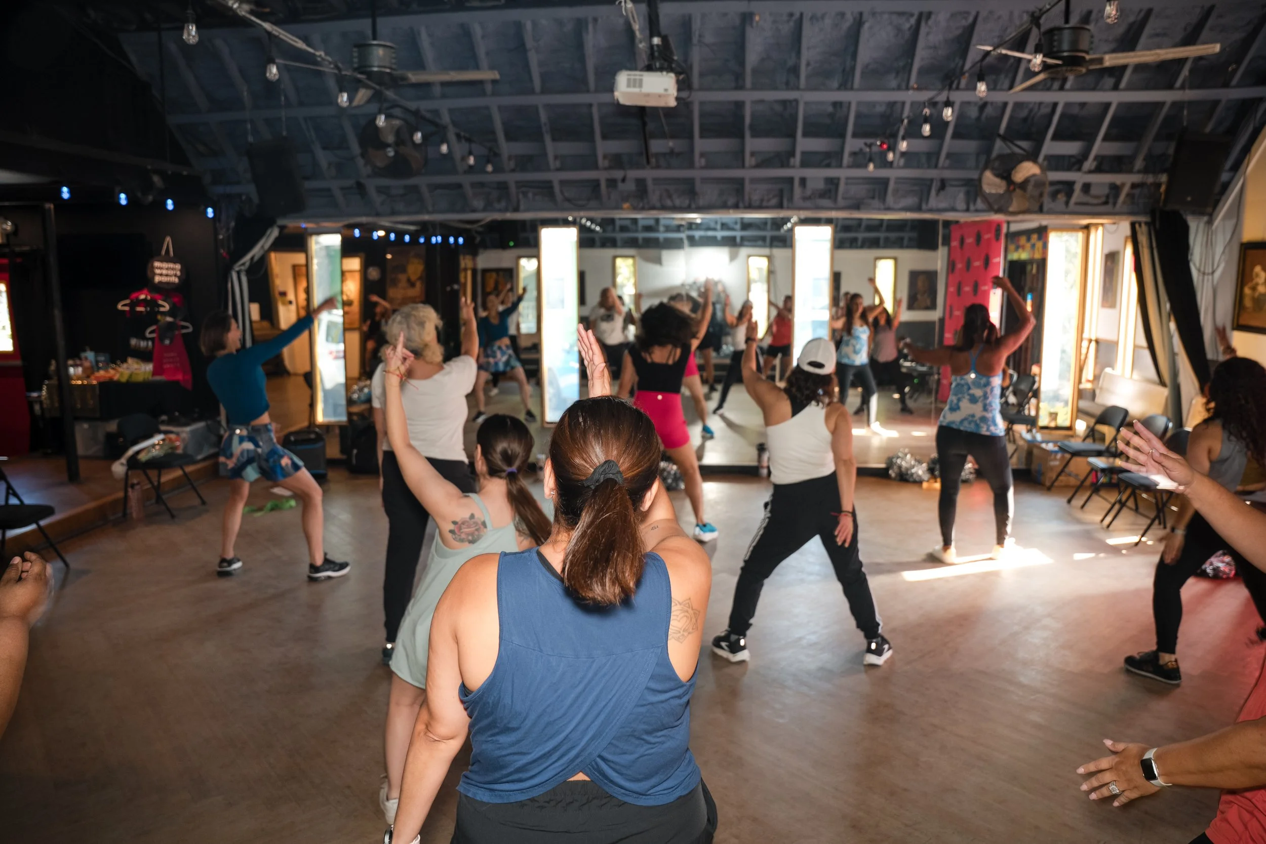 One of Bold Mama Fitness event called Mama's Dance Party, hosted by Melissa Acosta from mama wears pants.