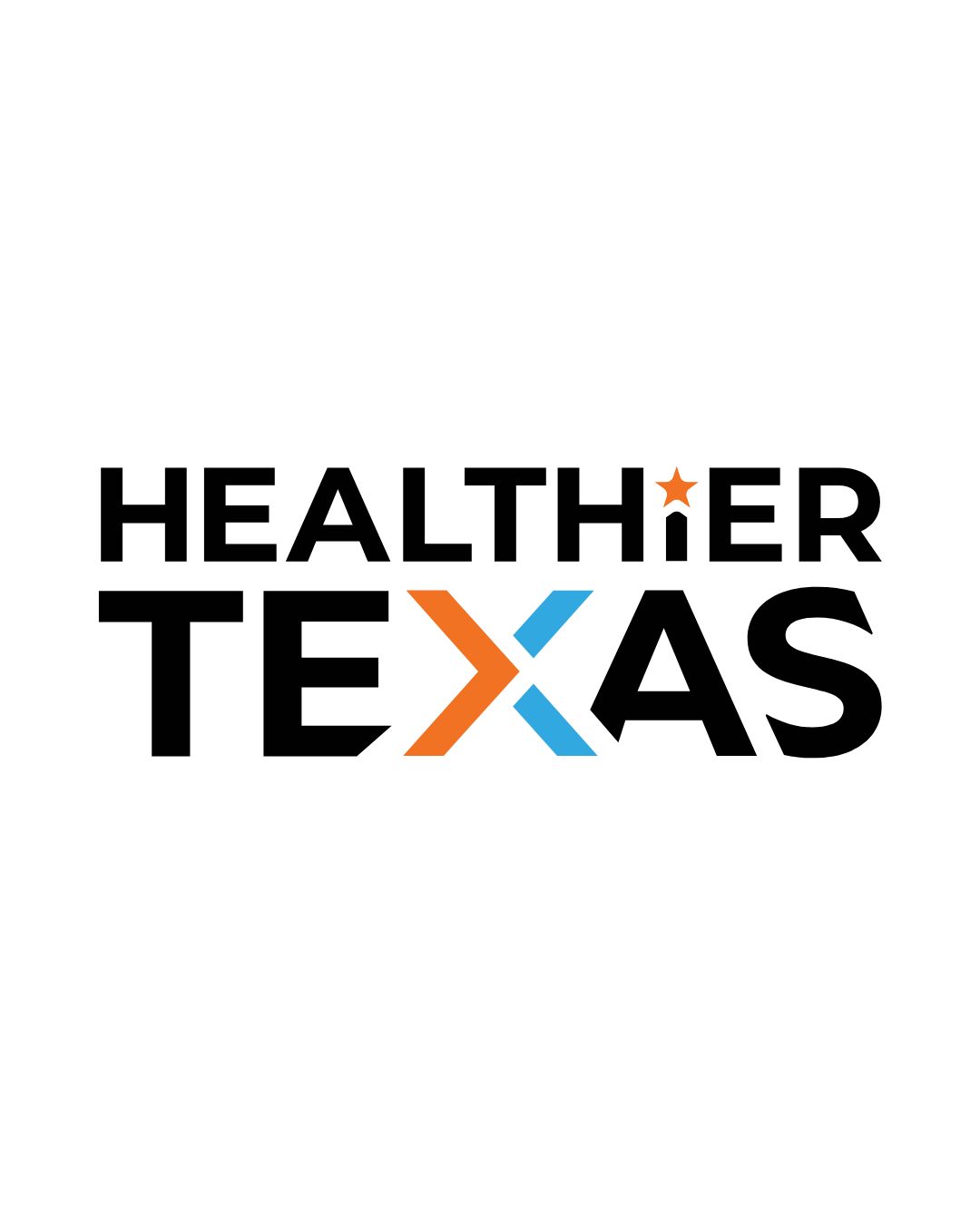 Logo for Healthcare UX Conference, Healthier Texas, featuring a stylized orange and blue X.