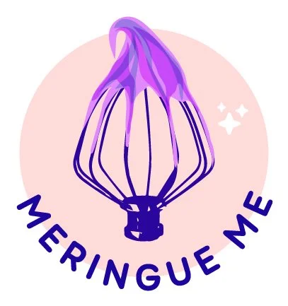 Purple and pink logo with the words 'MERINGUE ME' curved below it.
