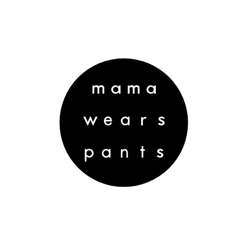 mama wears pants logo, black and round version with the words 'mama wears pants' arranged in three lines.
