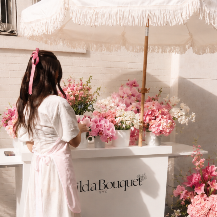 A woman arranging pink and white flowers at a flower stand under a white fringed umbrella, with a sign that reads 'Wilda Bouquet NYC'.