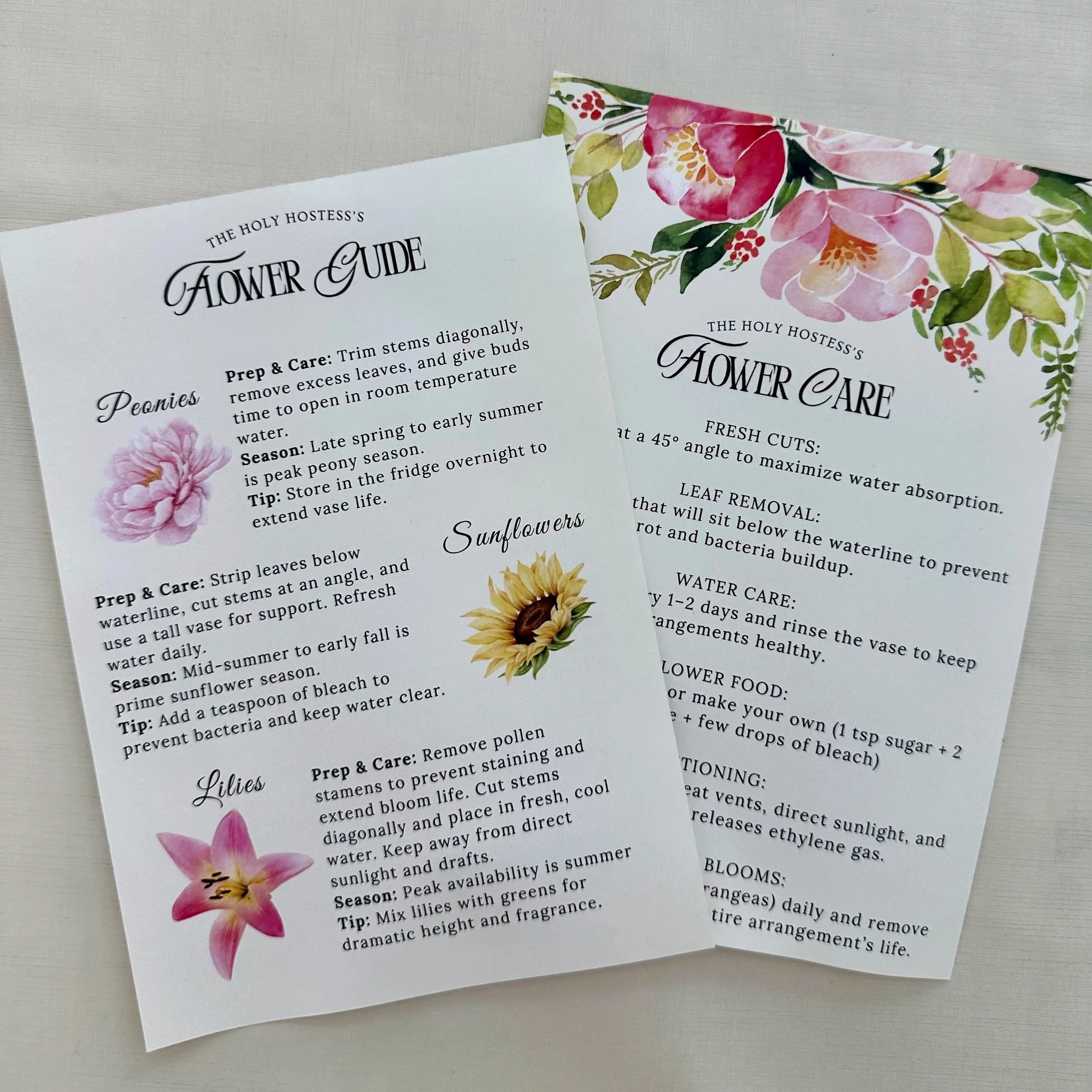 A printed guide titled 'The Holy Hostess's Flower Care' with colorful floral decorations at the top and bottom, featuring pink, yellow, and purple flowers and green leaves.
