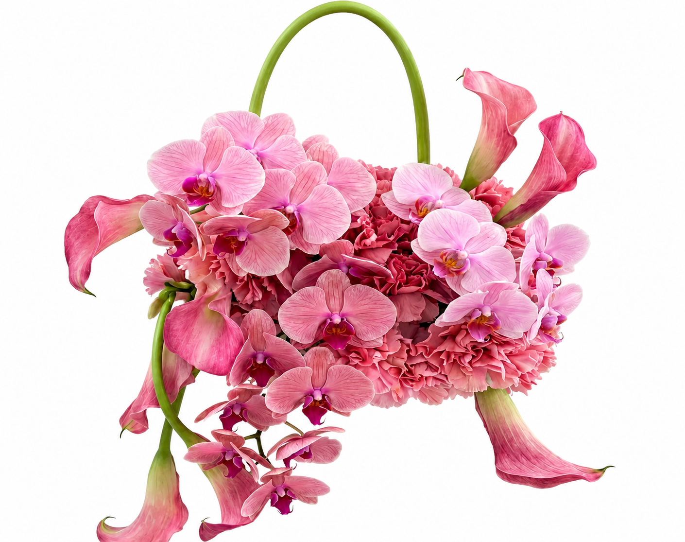 A bouquet of pink orchids, pink calla lilies, and pink carnations with a green handle against a white background.