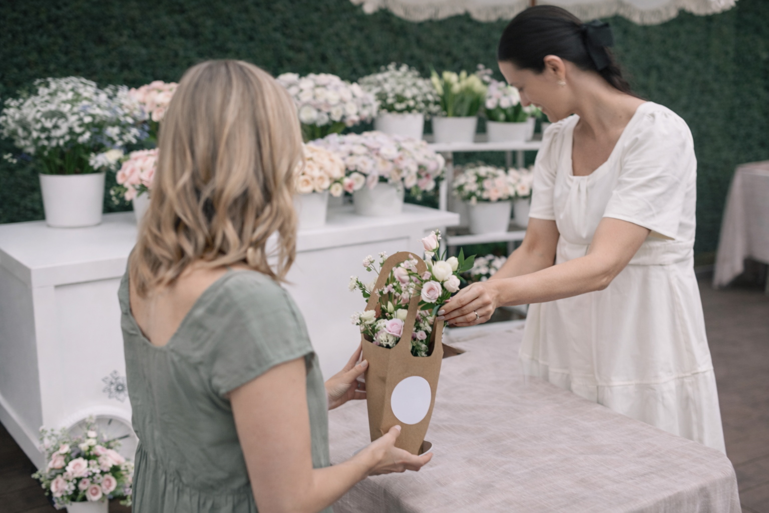 Two women exchanging a flower bouquet at a flower shop with white flowers in pots on shelves behind them.