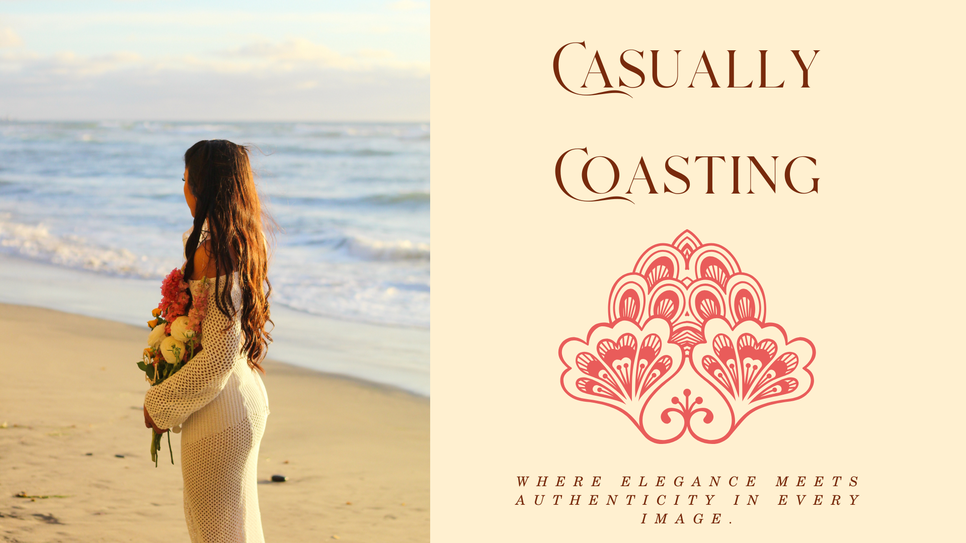 A young girl with long hair standing on the beach, holding a bouquet of flowers, gazing at the ocean during sunset.