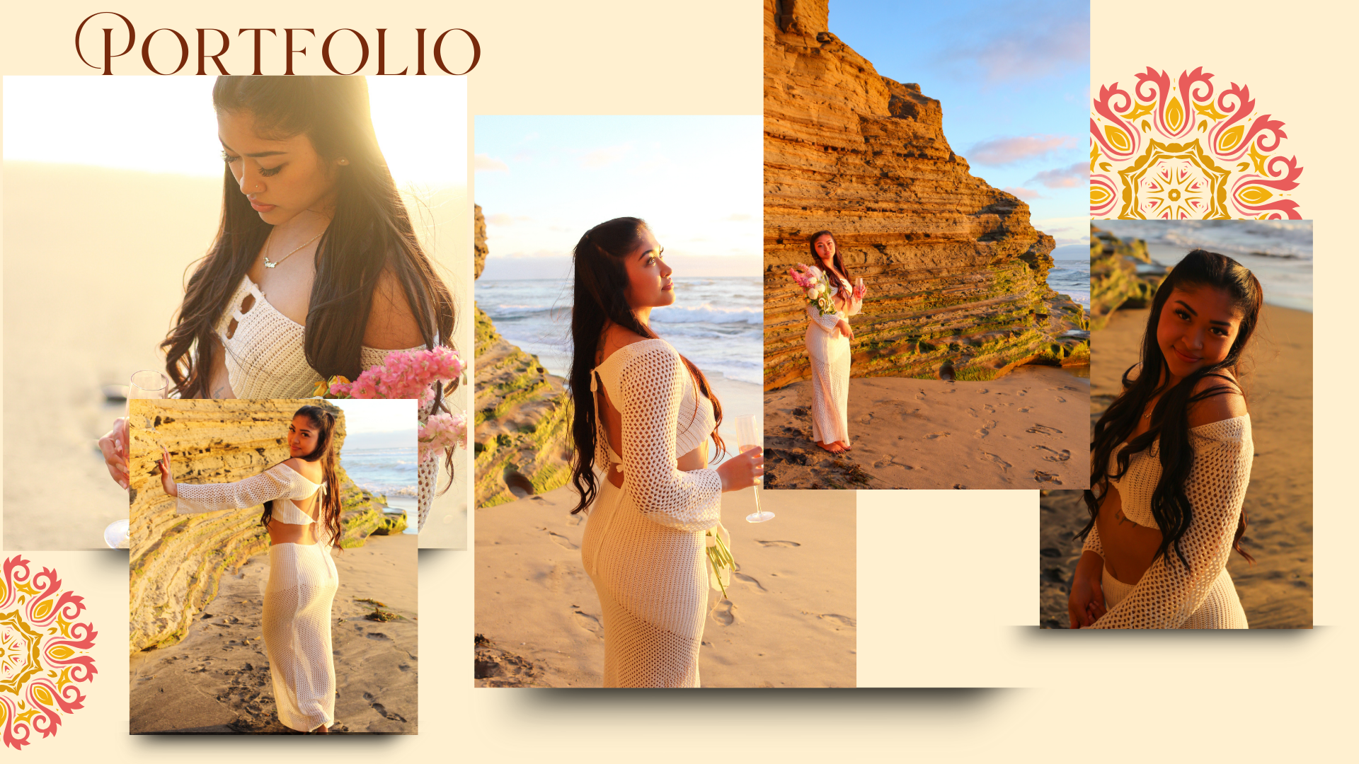 A collage of five photos of a young woman with long dark hair at the beach during sunset, wearing a white crochet dress. She is holding a glass of champagne and a bouquet of pink flowers, posing near rocks and the ocean.