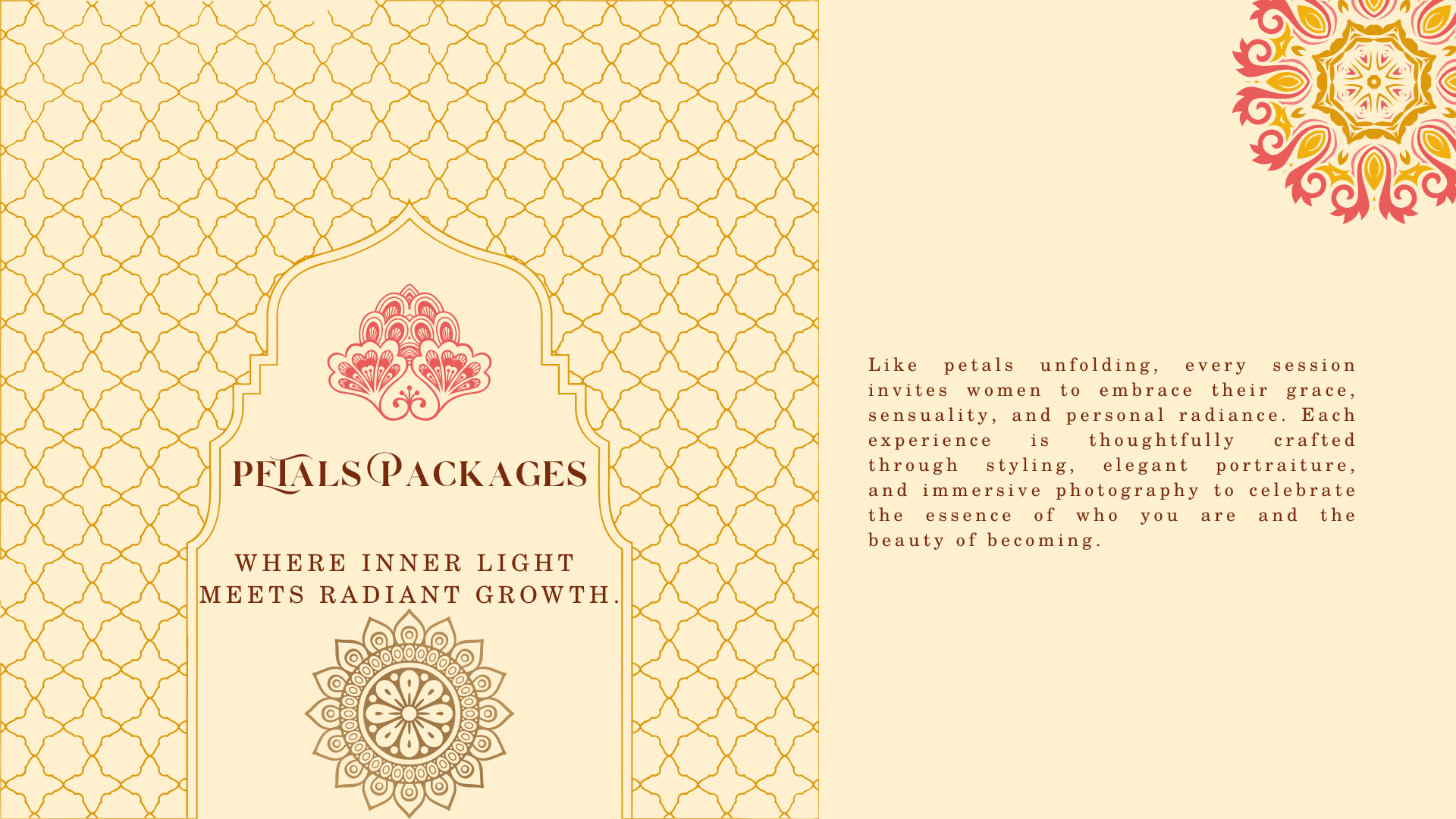 A decorative promotional card with a beige background, featuring intricate pink and gold floral patterns and a section with text about petal packages and embracing grace and radiance.