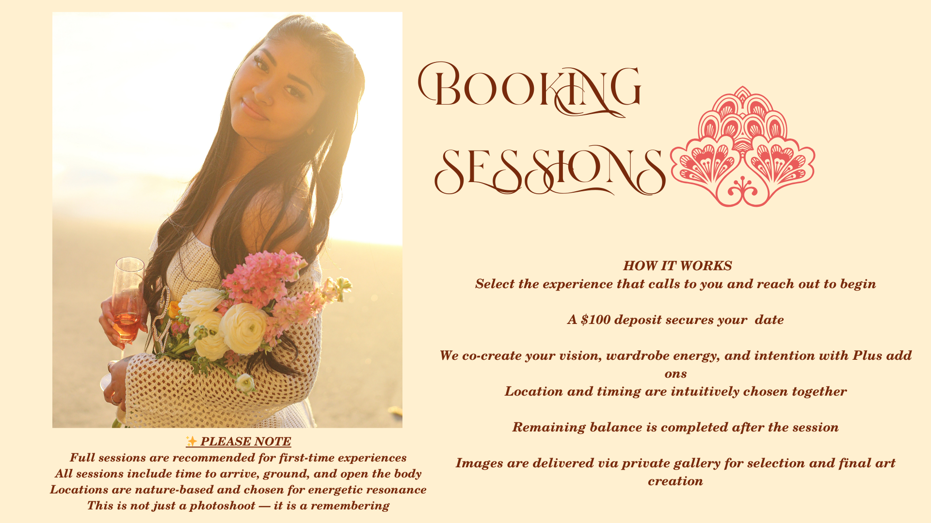 Promotional flyer for booking sessions featuring a woman holding a bouquet of flowers and a glass of drink, with text explaining how it works and notes about the sessions.