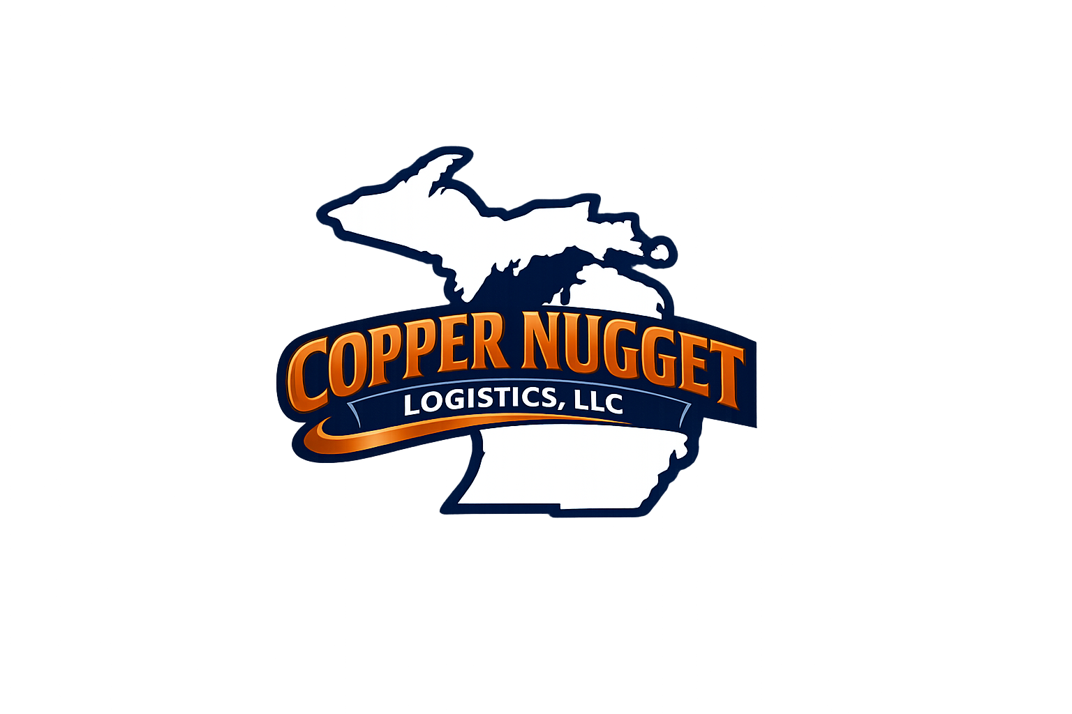 A logo of Copper Nugget Logistics, LLC with a white outline of Michigan and a dark blue background.