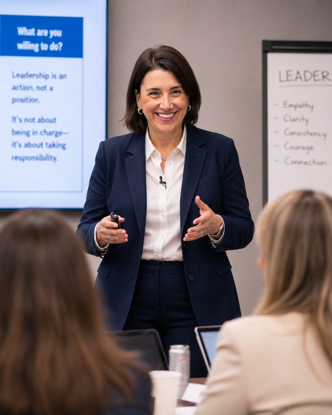 A woman giving a presentation in a conference room, smiling, with a large screen and a whiteboard behind her, and audience members in front of her.