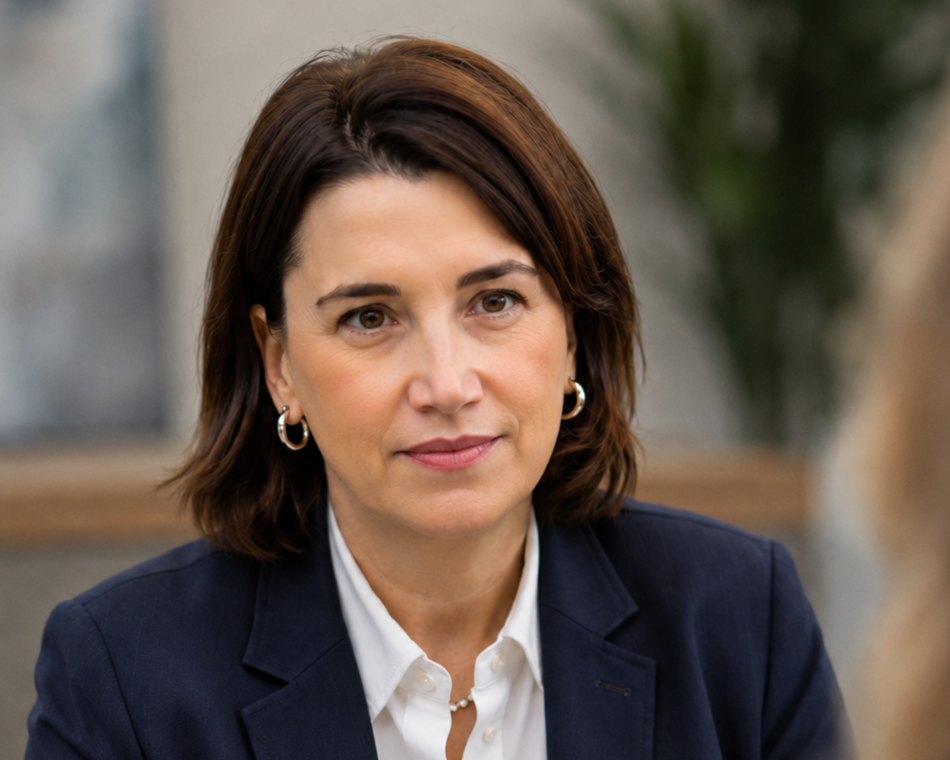 A woman with shoulder-length brown hair, wearing a dark blazer and white shirt, sitting indoors with a blurred background of greenery.