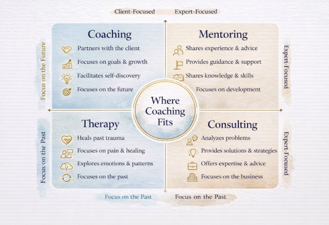 A flowchart titled 'Where Coaching Fits' showing four quadrants: Coaching, Mentoring, Therapy, and Consulting. Coaching partners with the client, focusing on goals and self-discovery, while Mentoring shares experience and advice, focusing on development. Therapy heals past trauma and explores emotions, focusing on the past. Consulting analyzes problems and offers solutions, focusing on the business. The chart's axes are labeled 'Focus on the Future' to 'Focus on the Past' and 'Client-Focused' to 'Expert-Focused'.