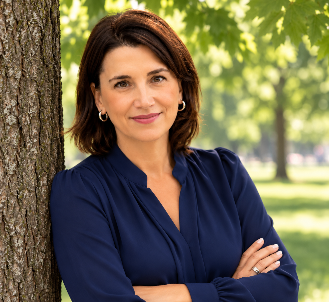 A woman with shoulder-length brown hair, wearing a blue blouse and silver earrings, standing outdoors beside a tree with her arms crossed, smiling at the camera with a park and green trees in the background.