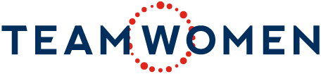 Team Women logo with the words 'TEAM WOMEN' in blue, featuring a red dotted circle above the 'O'.