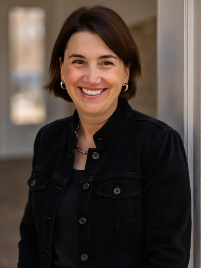A woman with short dark hair, wearing a black denim jacket and jewelry, smiling while leaning against a pole in an indoor setting.