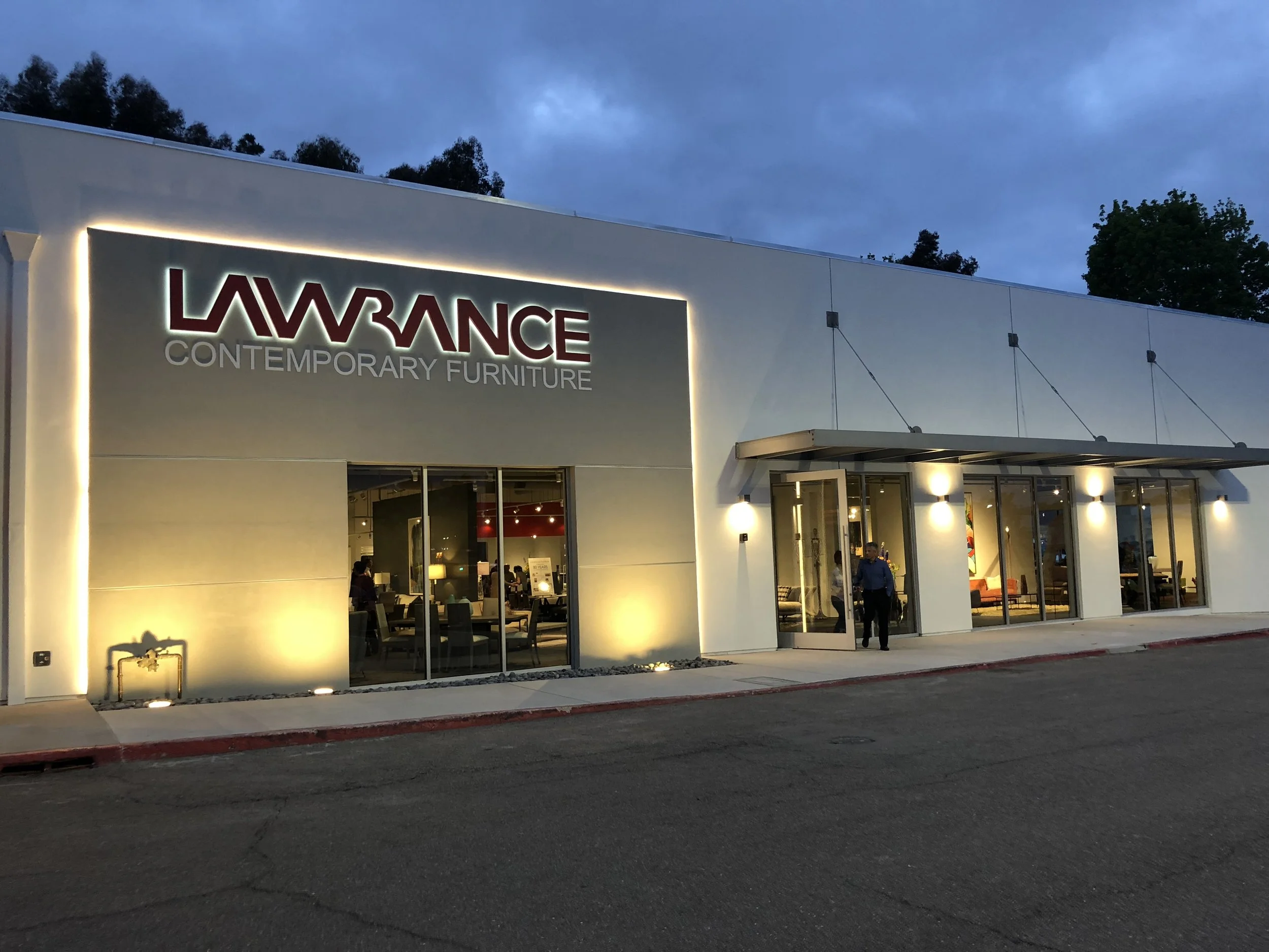 Lawrance Contemporary Furniture storefront at dusk, Encinitas CA