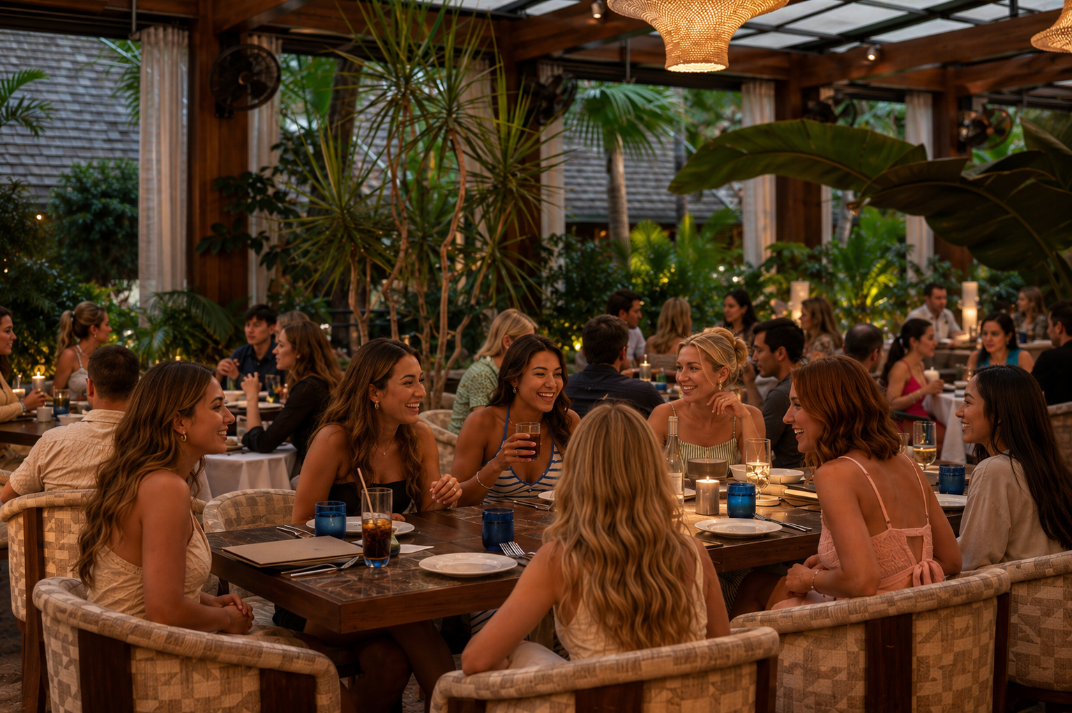 People dining and socializing at a lively restaurant with greenery and warm lighting.