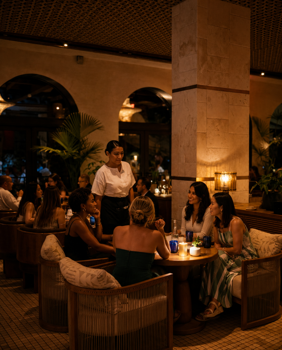 A group of women enjoying conversation at a restaurant table with candles, with a waitress standing beside them, in a warmly lit, modern dining space.