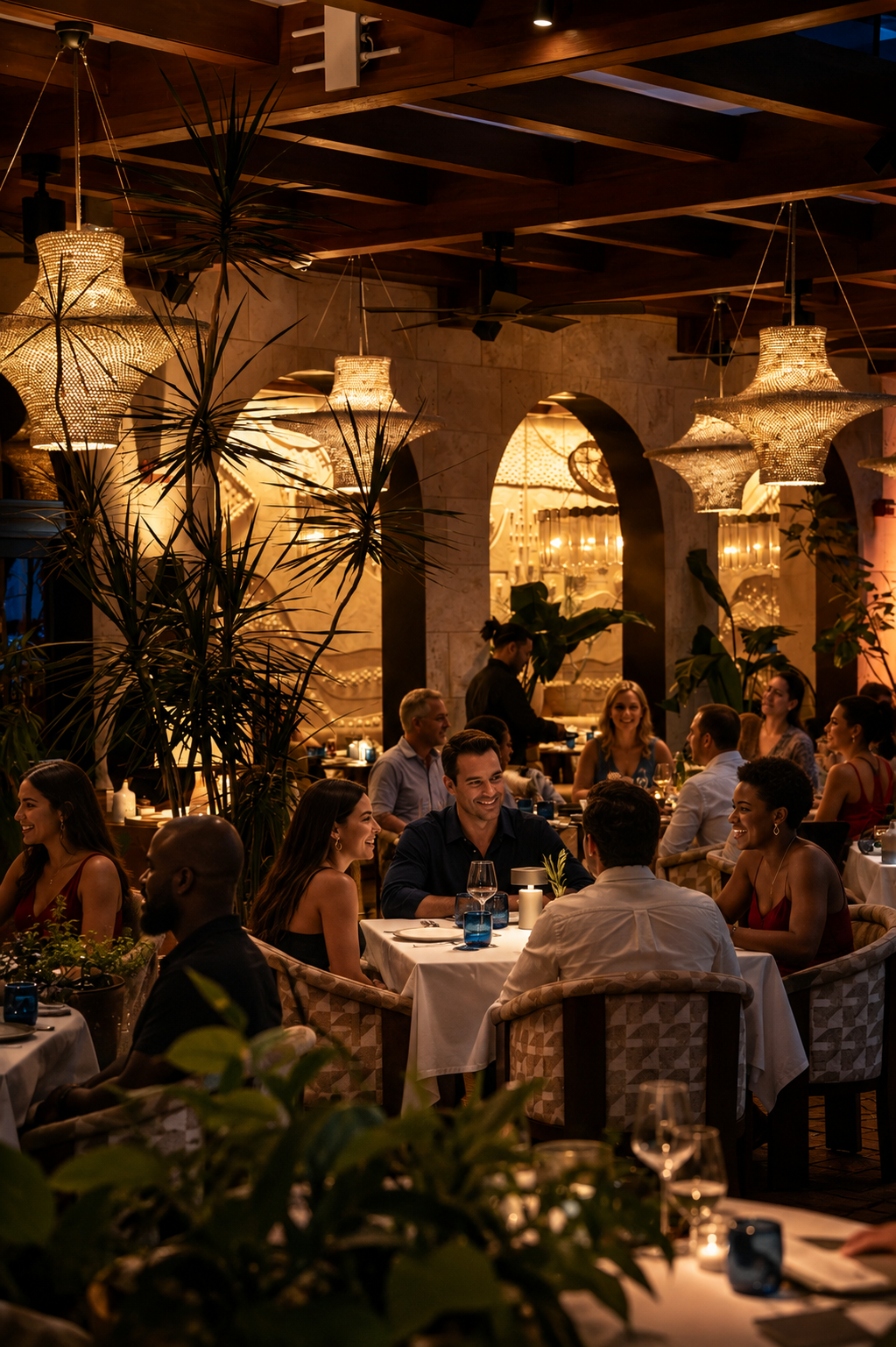 People dining at a restaurant with warm lighting, large lantern-style pendant lights, and lush indoor plants.