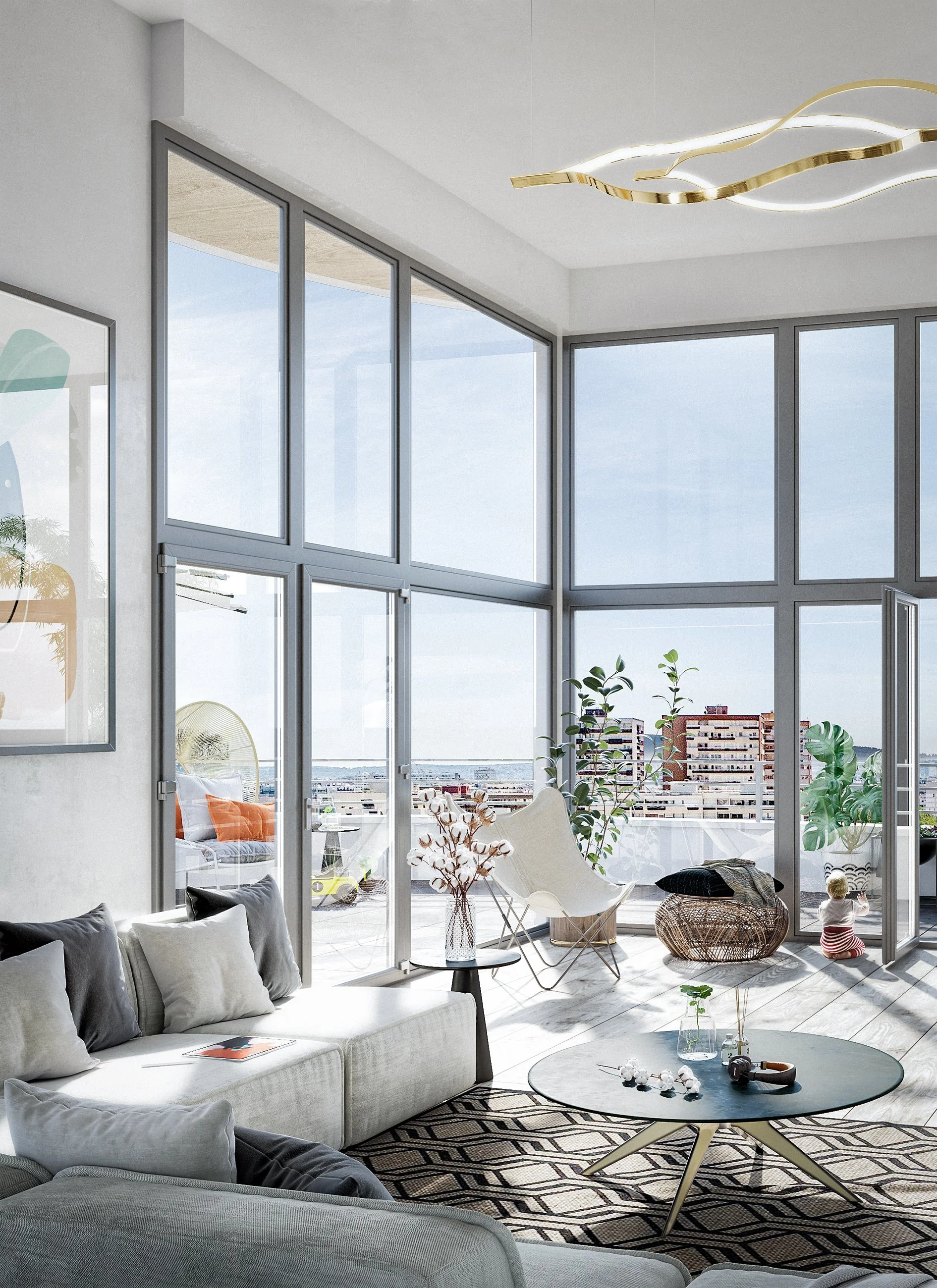 Bright living room with large floor-to-ceiling windows, modern furniture, potted plants, and a city view outside.