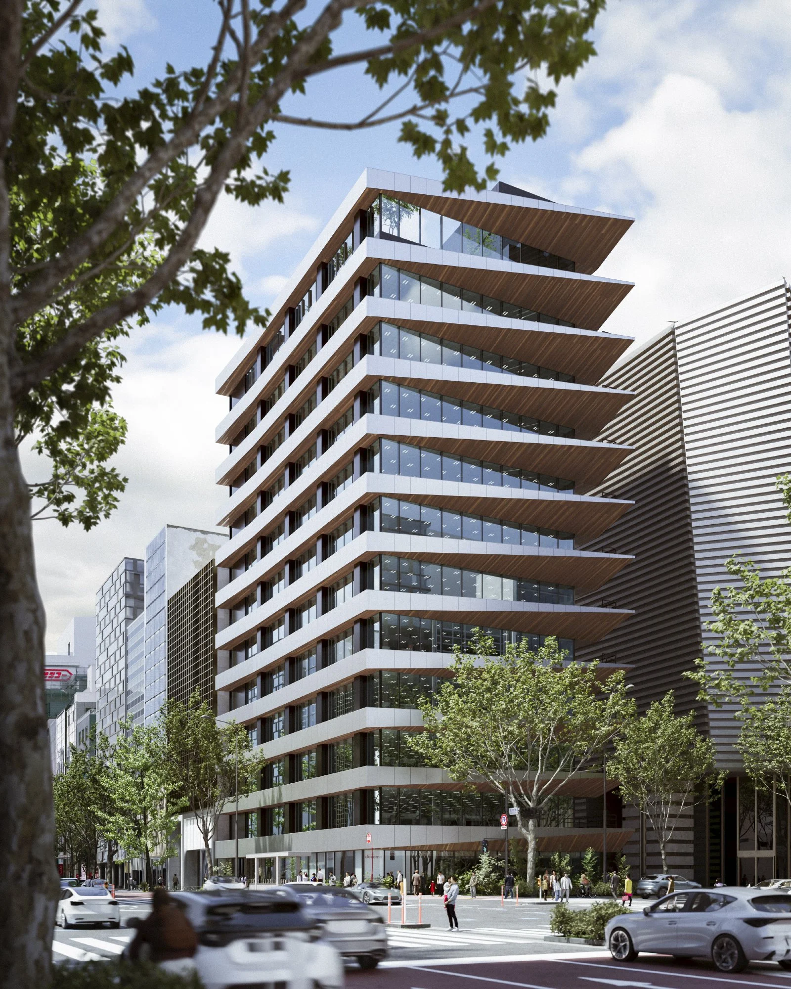 Modern multi-story office building with glass windows and wooden accents, surrounded by trees and a busy city street with cars and pedestrians.