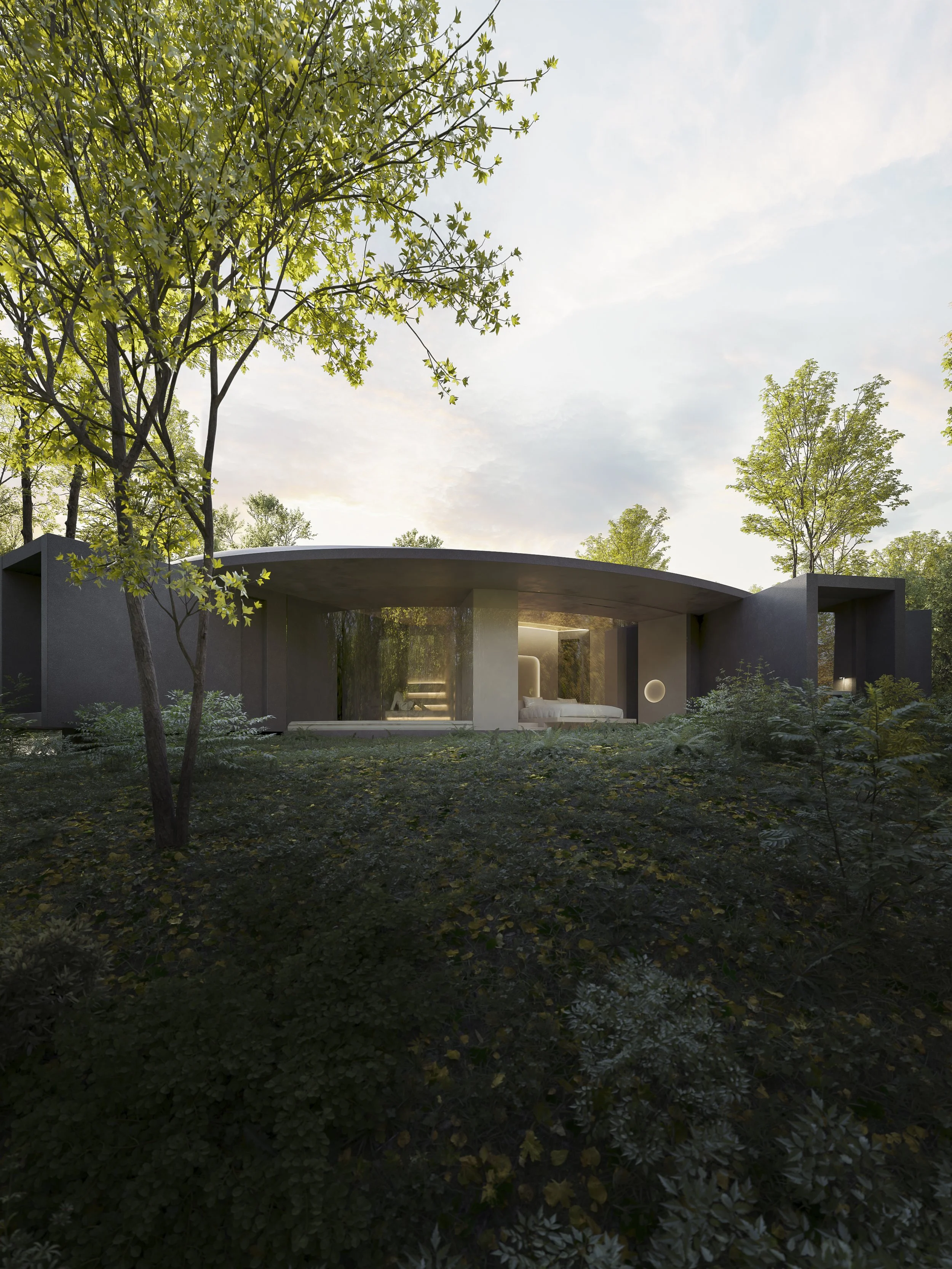 Modern house with curved roof surrounded by trees and greenery, interior view of bedroom with bed and staircase, set in a lush forest