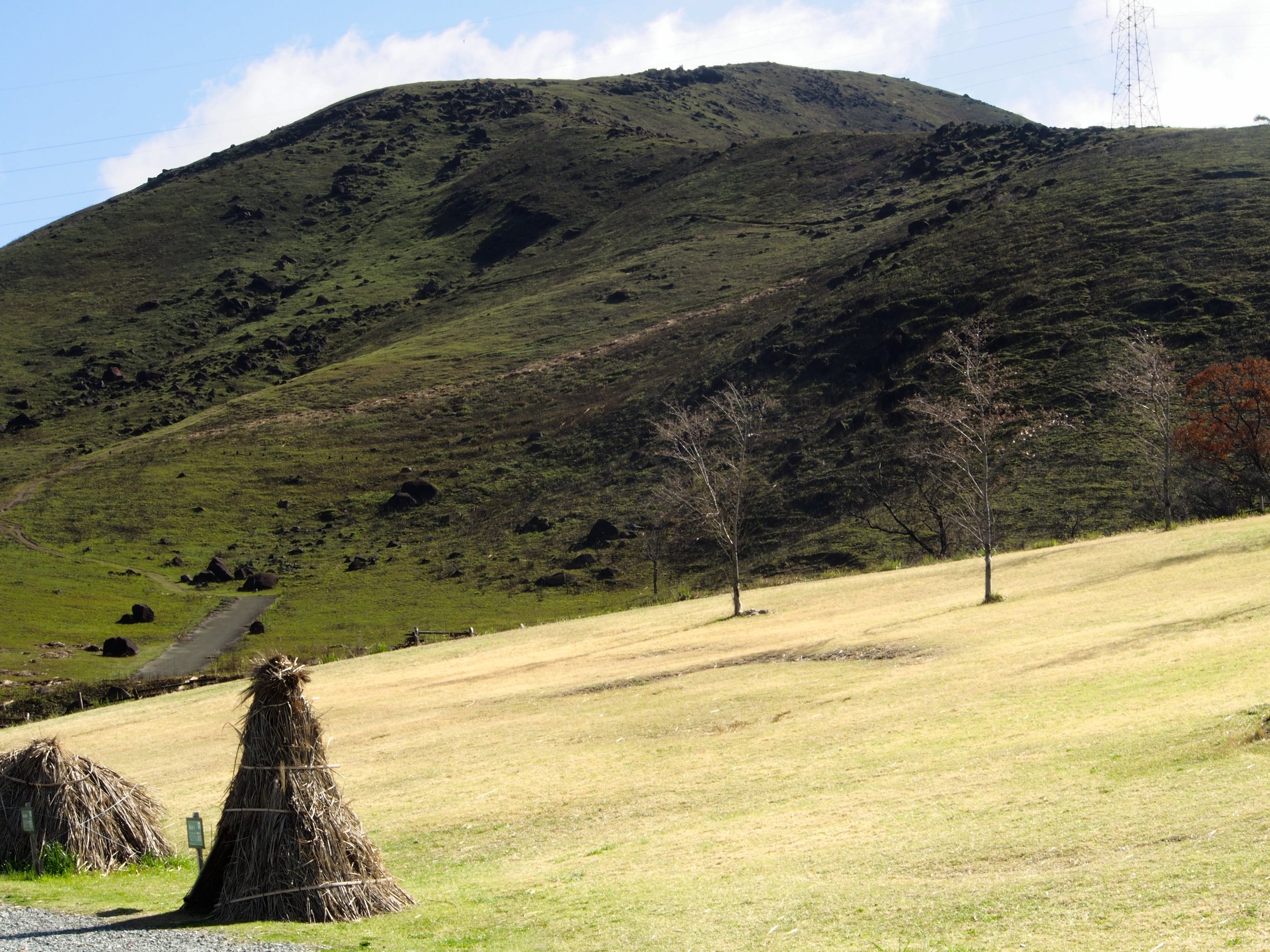 A landscape of rolling green hills with a few trees and haystacks in the foreground, and a mountain with patches of grass and rocks in the background.