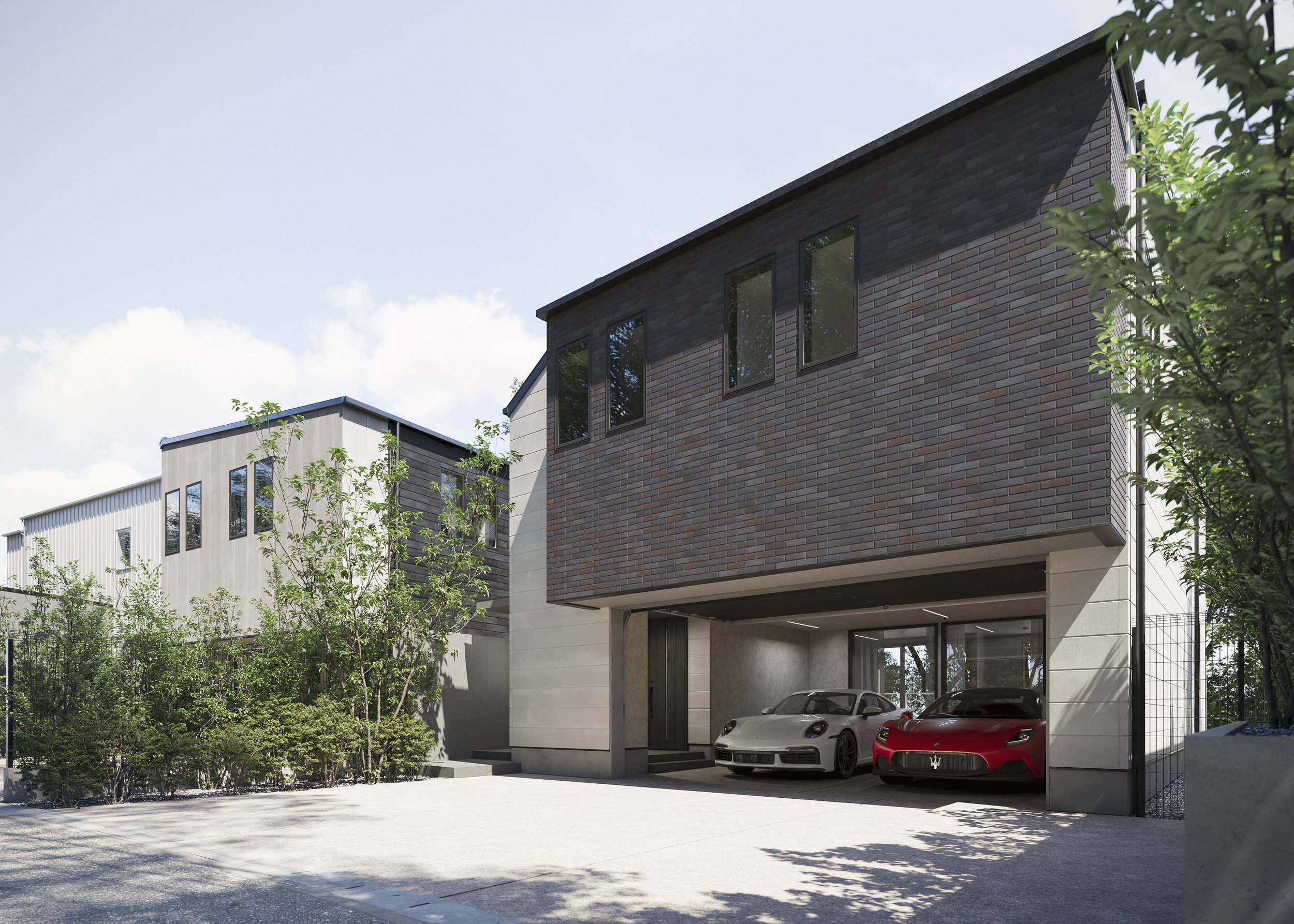 Modern multi-story residential building with a garage and luxury cars parked outside, surrounded by trees and greenery.
