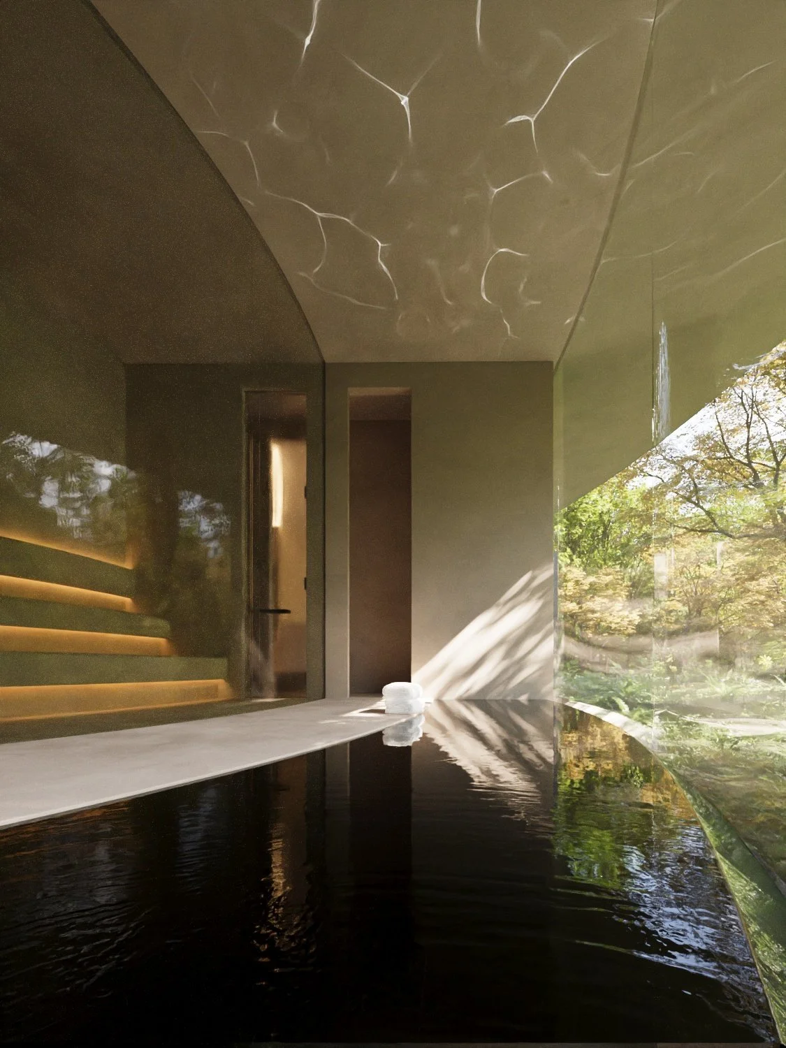 Modern interior with a reflective black pool, curved glass wall, and view of green trees outside, with sunlight casting shadows inside.