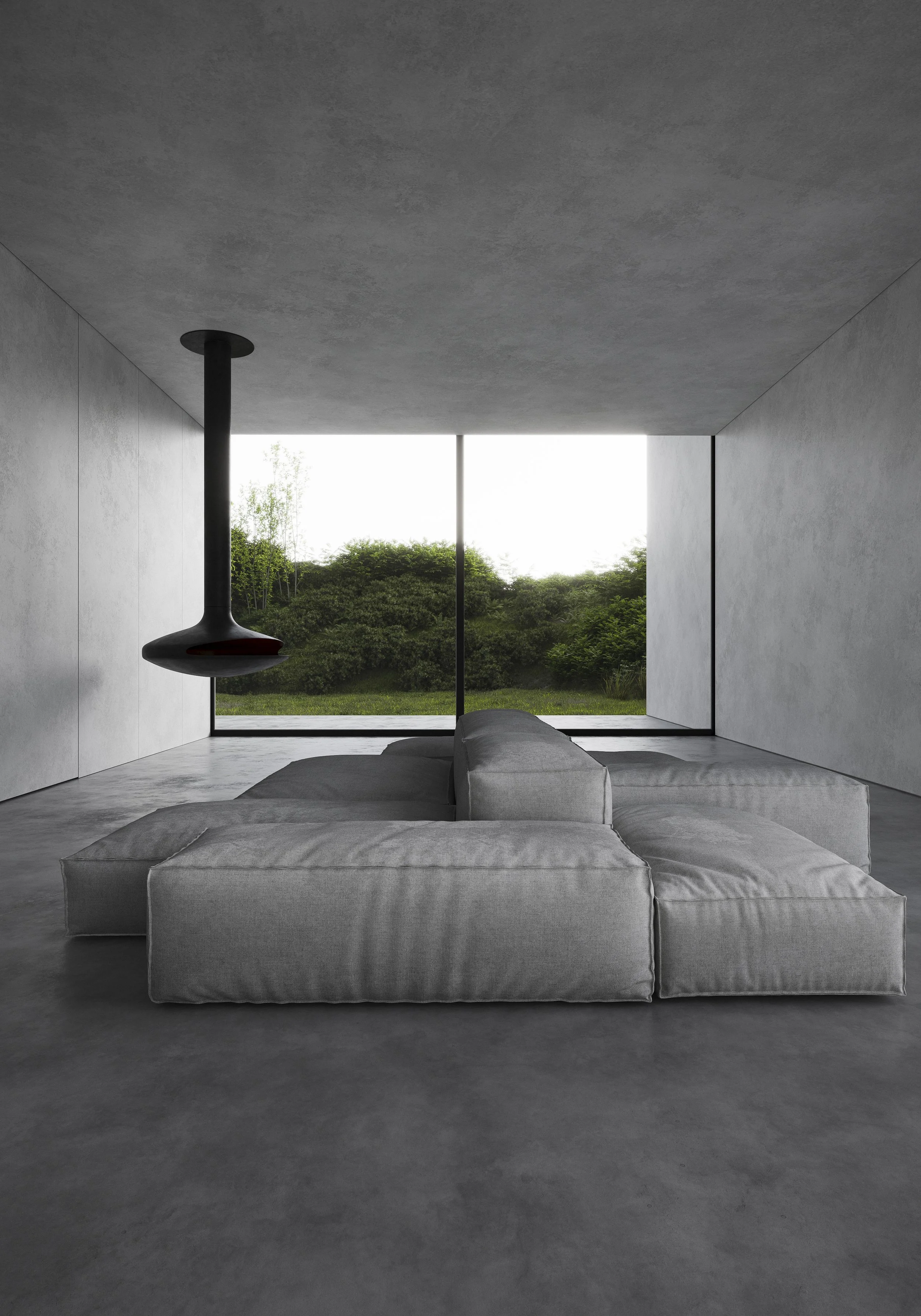 Minimalist living room with a large gray sectional sofa, a black hanging fireplace, and a floor-to-ceiling window showing greenery outside.