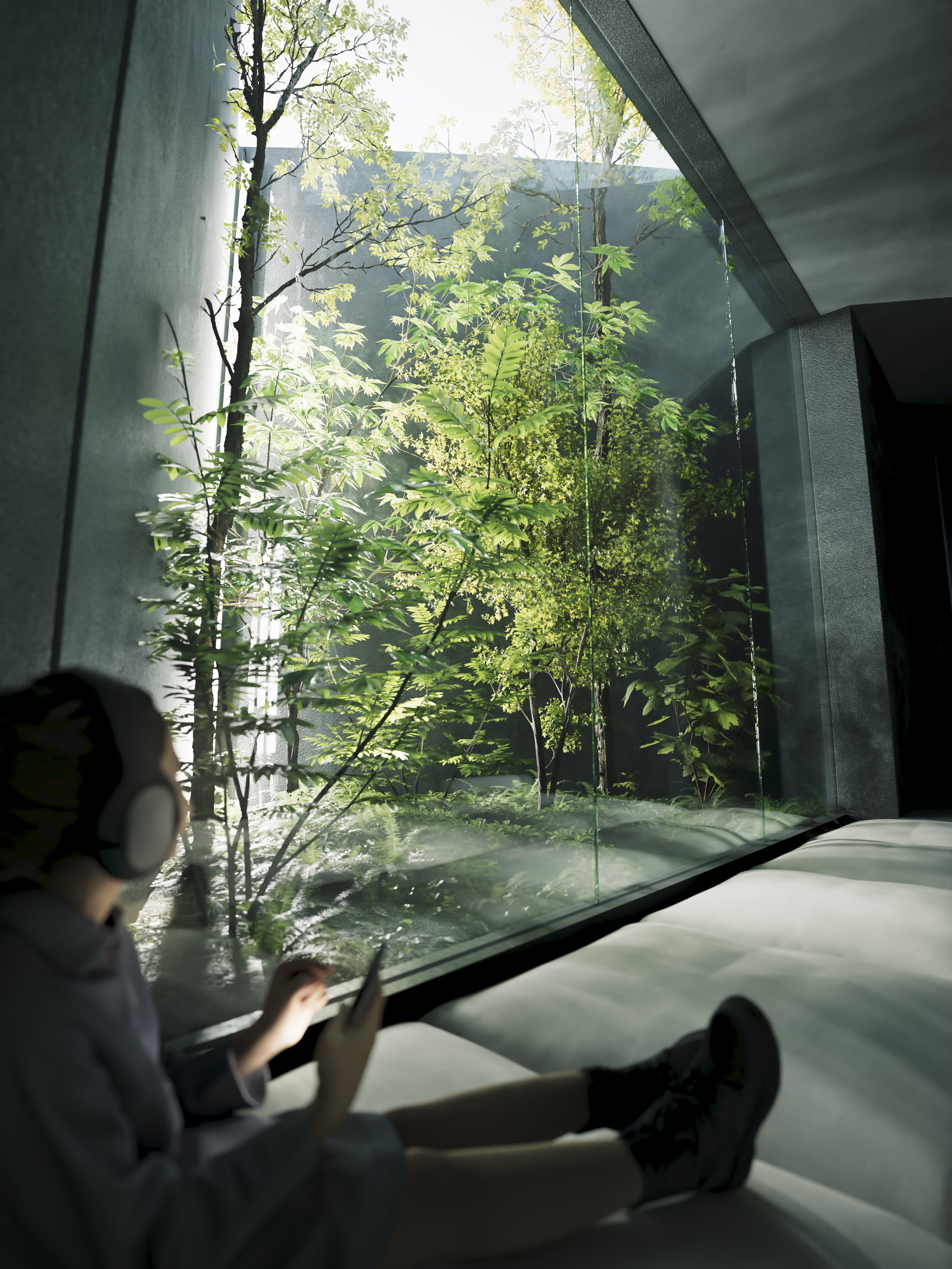 Person sitting in a car looking at their phone while the view outside shows lush green trees and sunlight.
