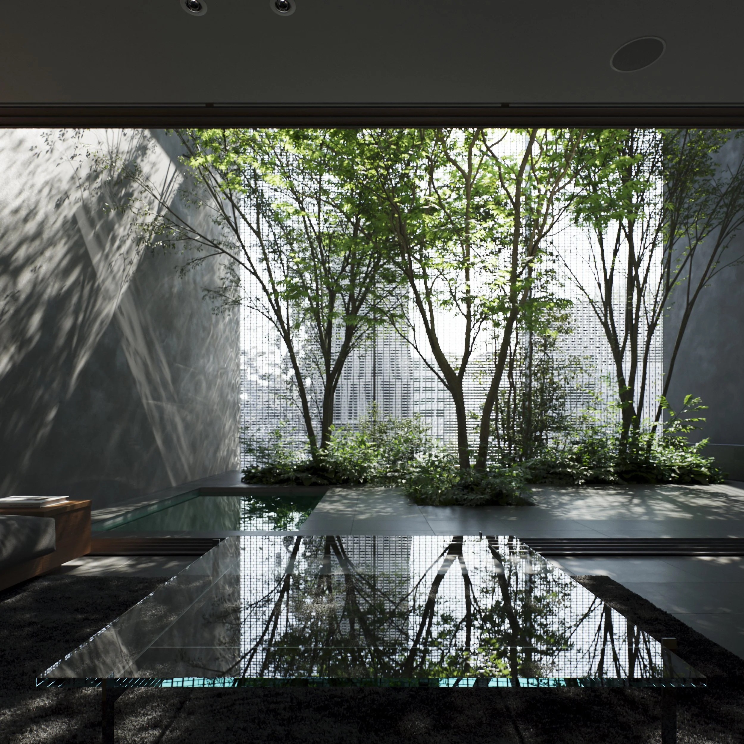Indoor garden with trees and plants, seen through a glass wall, with reflections on the floor.
