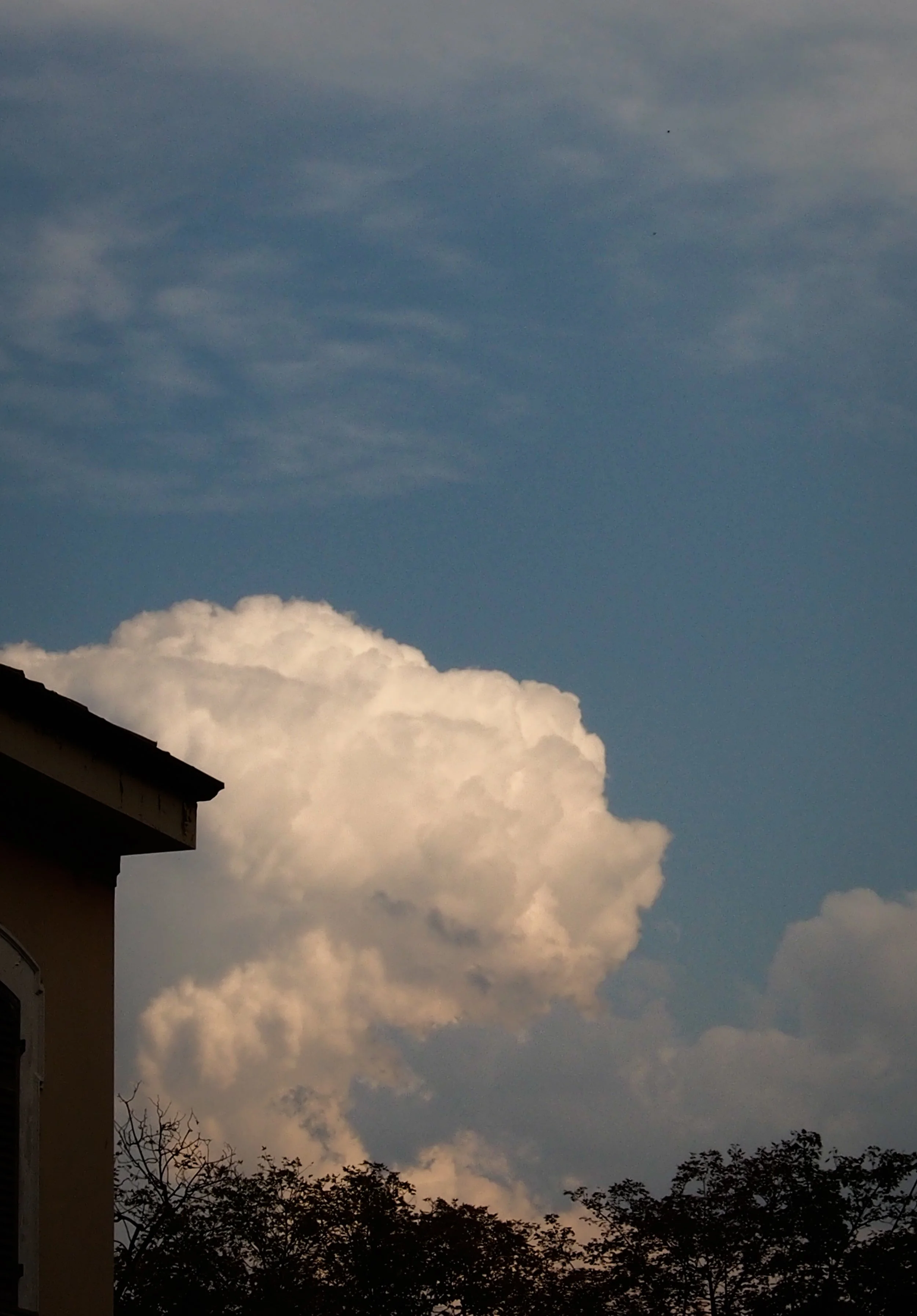 Sky with large white clouds and a building on the left with trees at the bottom.