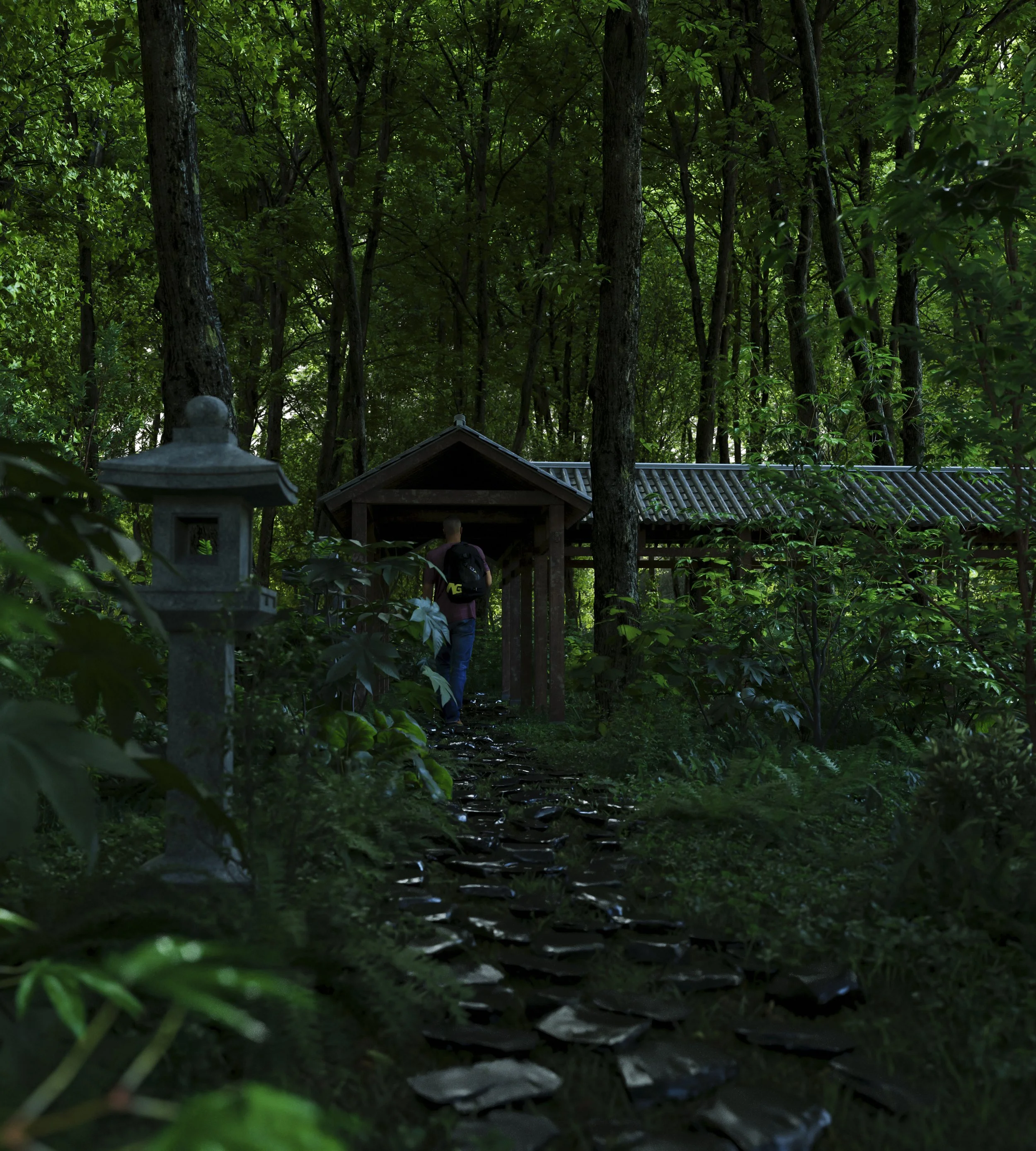 A person with a backpack walking through a lush green forest along a stone path leading to a wooden shrine, with a stone lantern visible on the left.