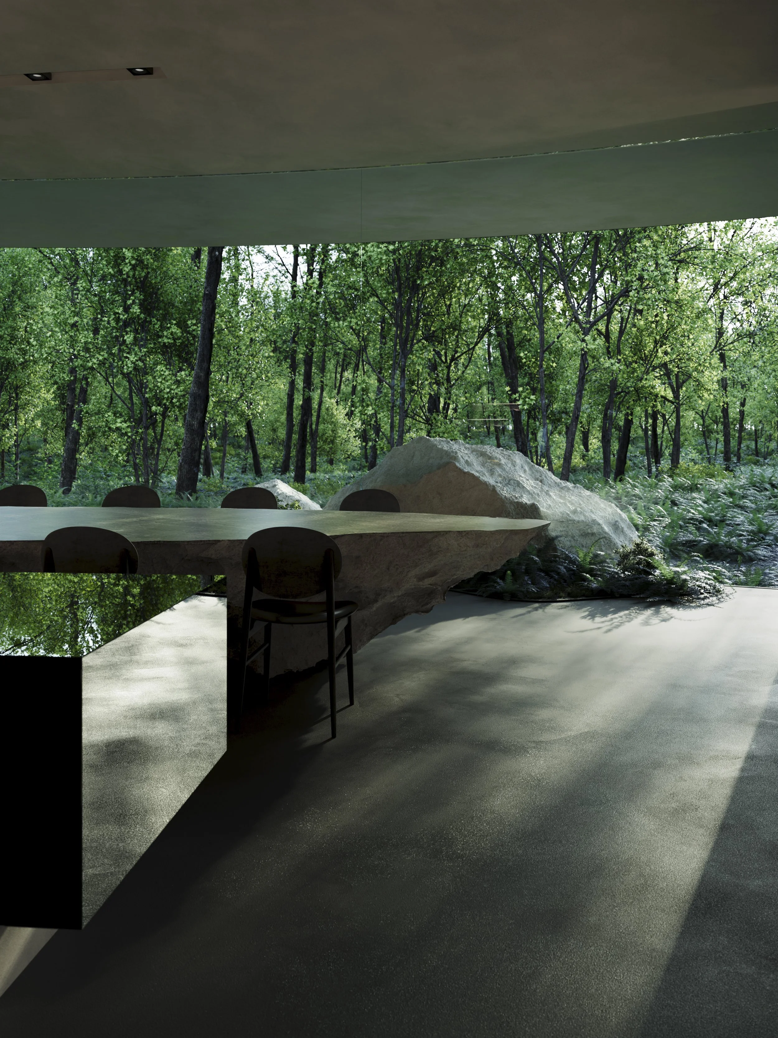 Modern interior room with large glass wall showing a dense green forest outside, featuring trees and large rocks.