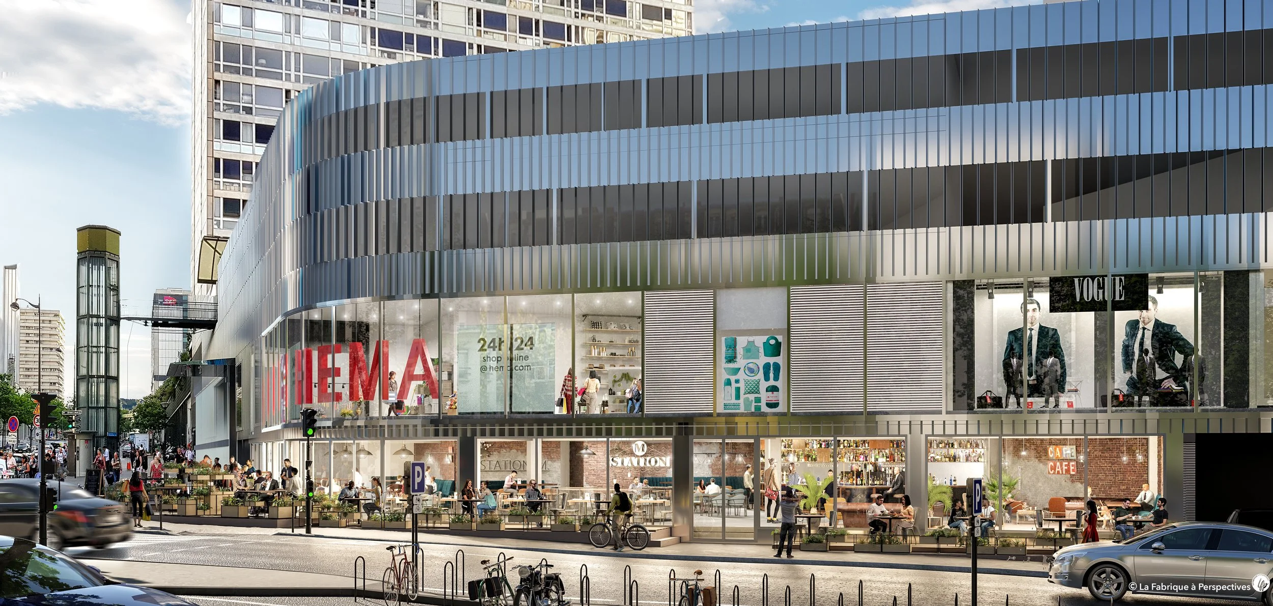 Modern multi-story shopping mall with retail stores including a Vogue display window, a cafe, and various shoppers and pedestrians on the street.