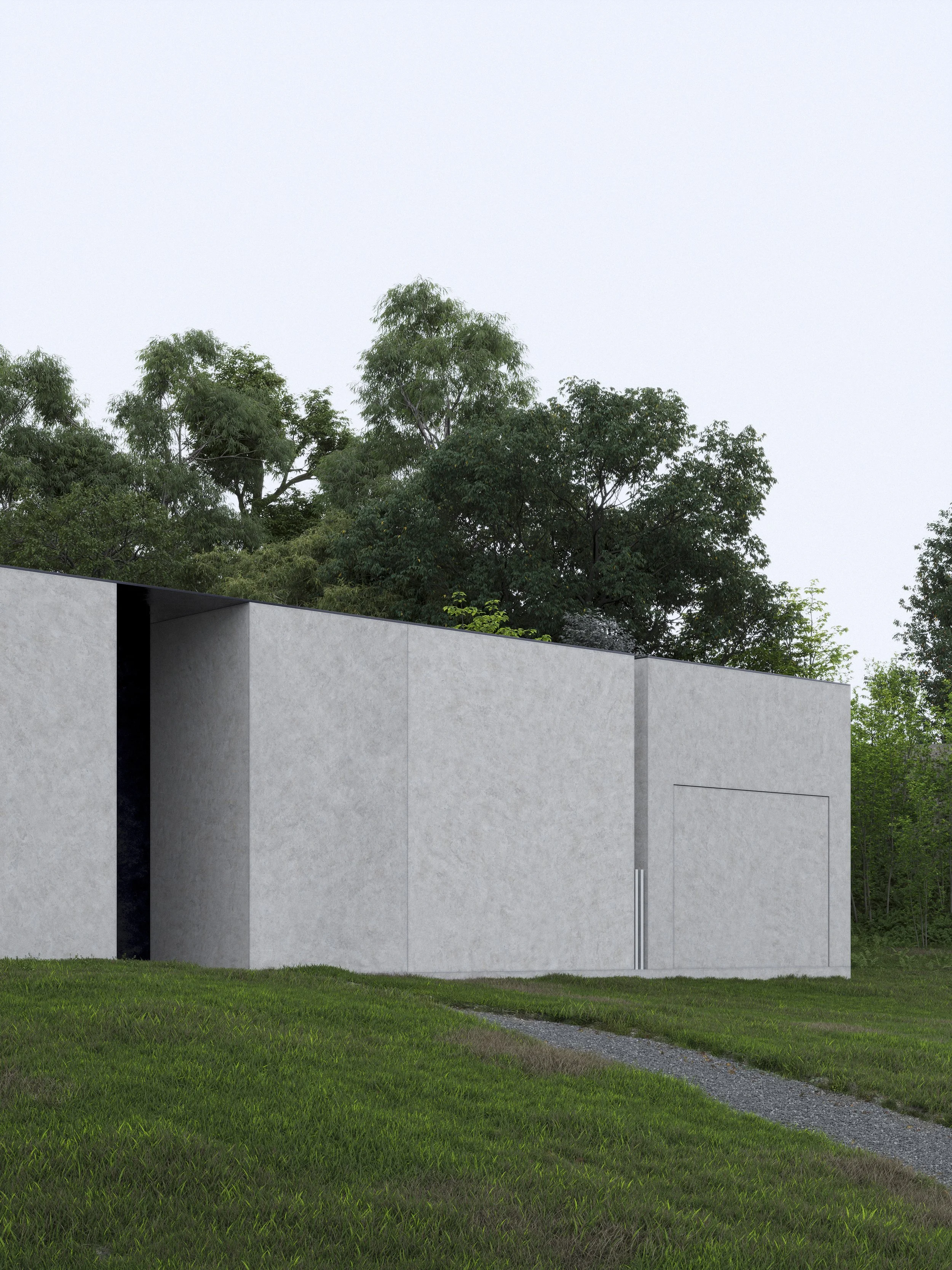 A modern, minimalist building with smooth grey concrete walls, situated on a lush green lawn with a gravel path. Tall green trees are in the background under a cloudy sky.