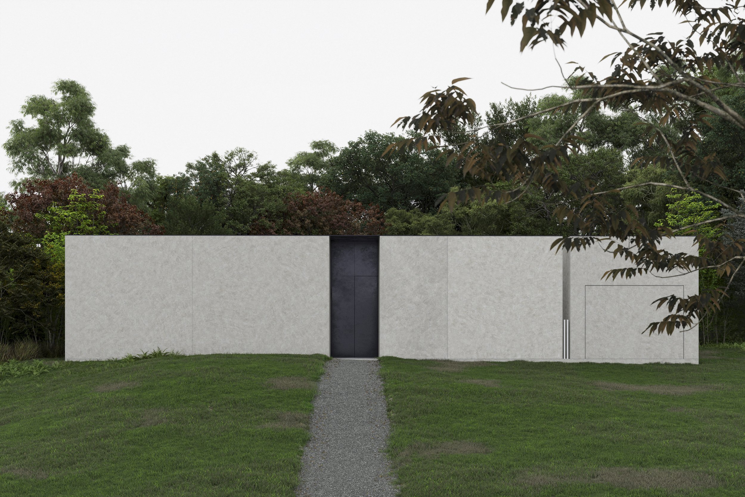 A modern minimalist building with a flat roof, surrounded by greenery and trees, with a gravel pathway leading to the dark door at the center.