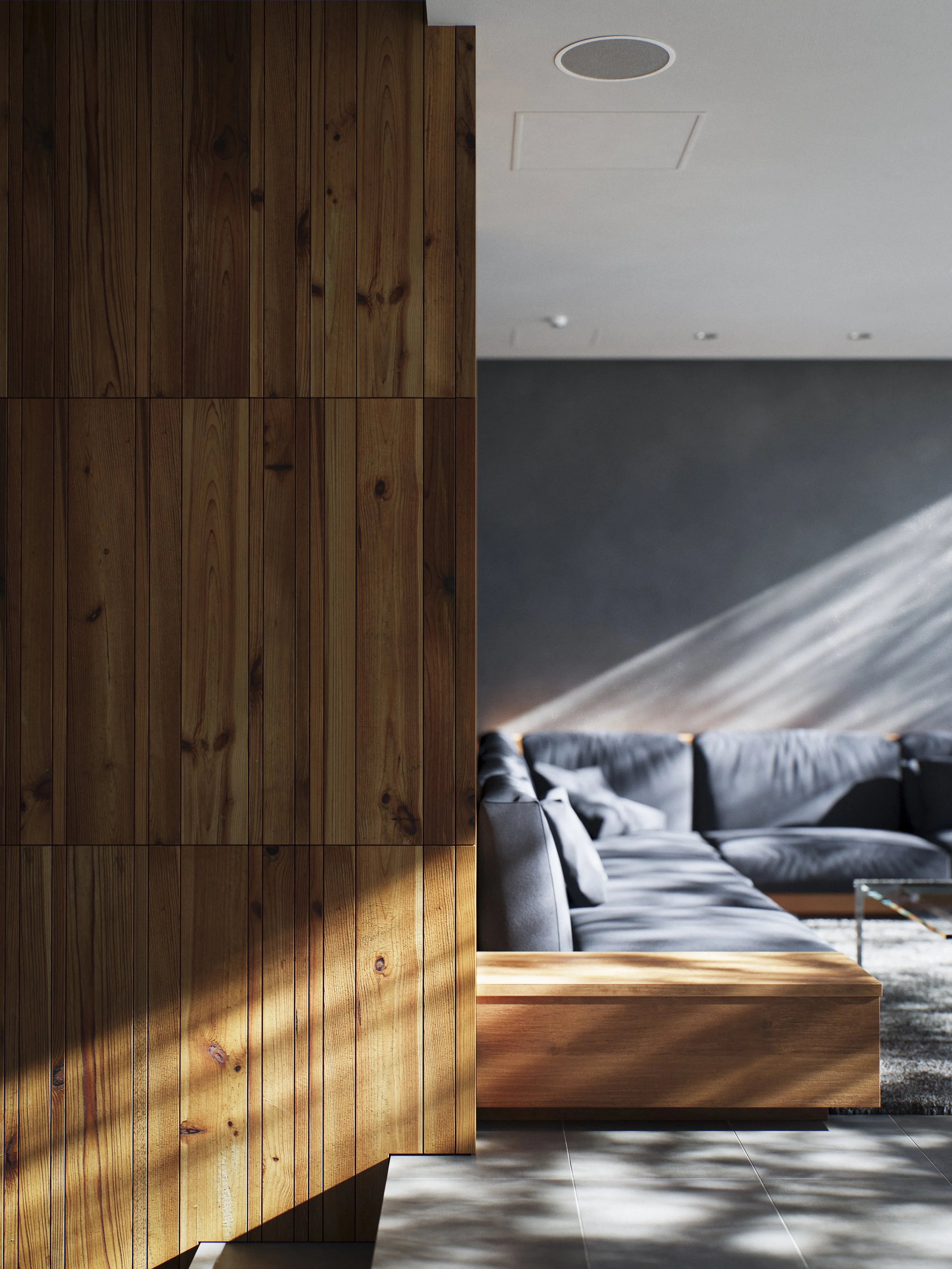 A wooden partition wall in a modern living room with a gray sectional sofa, a glass coffee table, and a dark rug. Sunlight streams across the tiled floor, creating shadows on the wall.