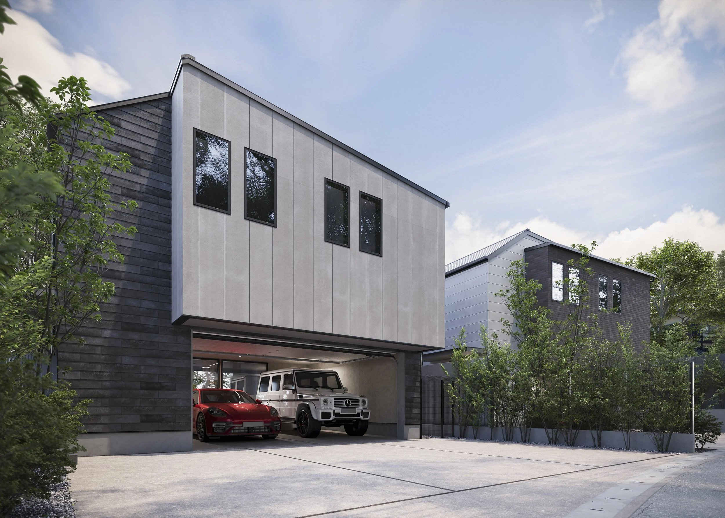 Modern house with a two-car garage, three luxury cars parked inside, including a red sports car, a white Mercedes-Benz G-Class, and another vehicle. The house features a mixed material facade with black and light gray panels and has multiple large wi