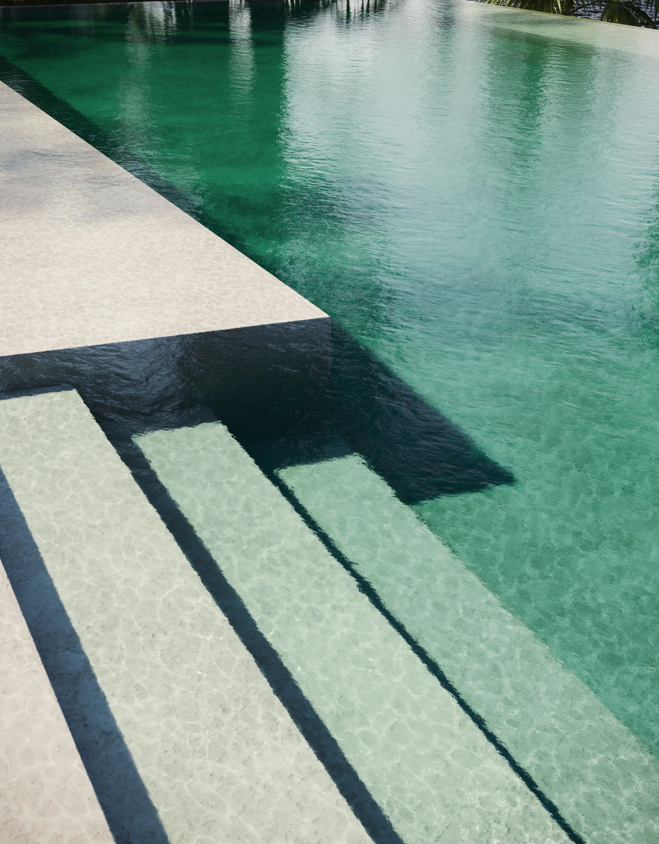 Close-up of an outdoor swimming pool with steps leading into the water, surrounded by a concrete deck and green foliage.