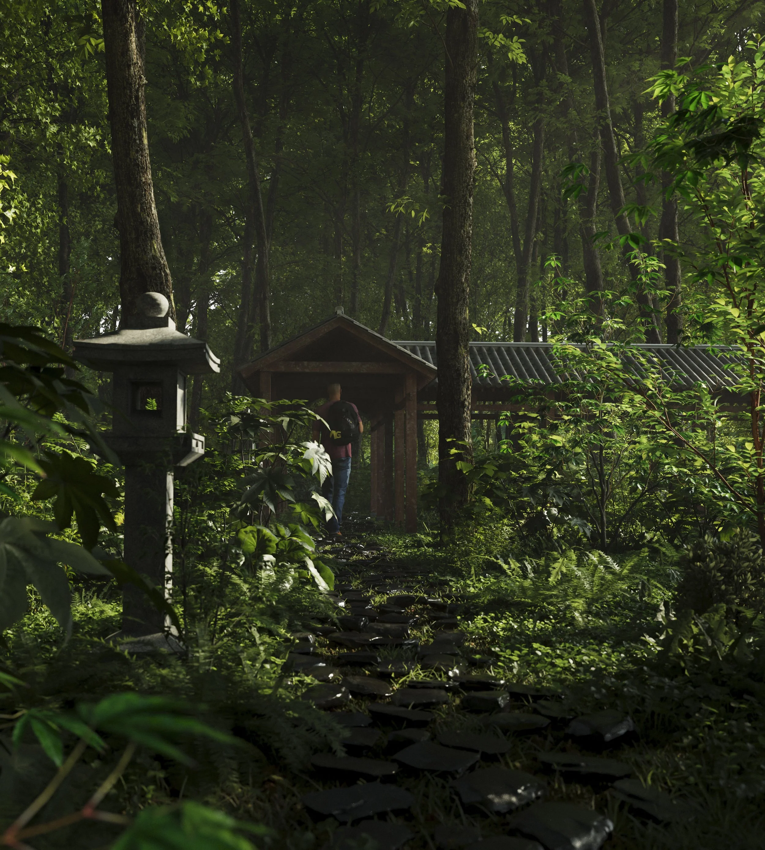 A person walking on a stone path through a lush green forest. There is a traditional Japanese lantern on the left and a small wooden structure with a tiled roof in the background.