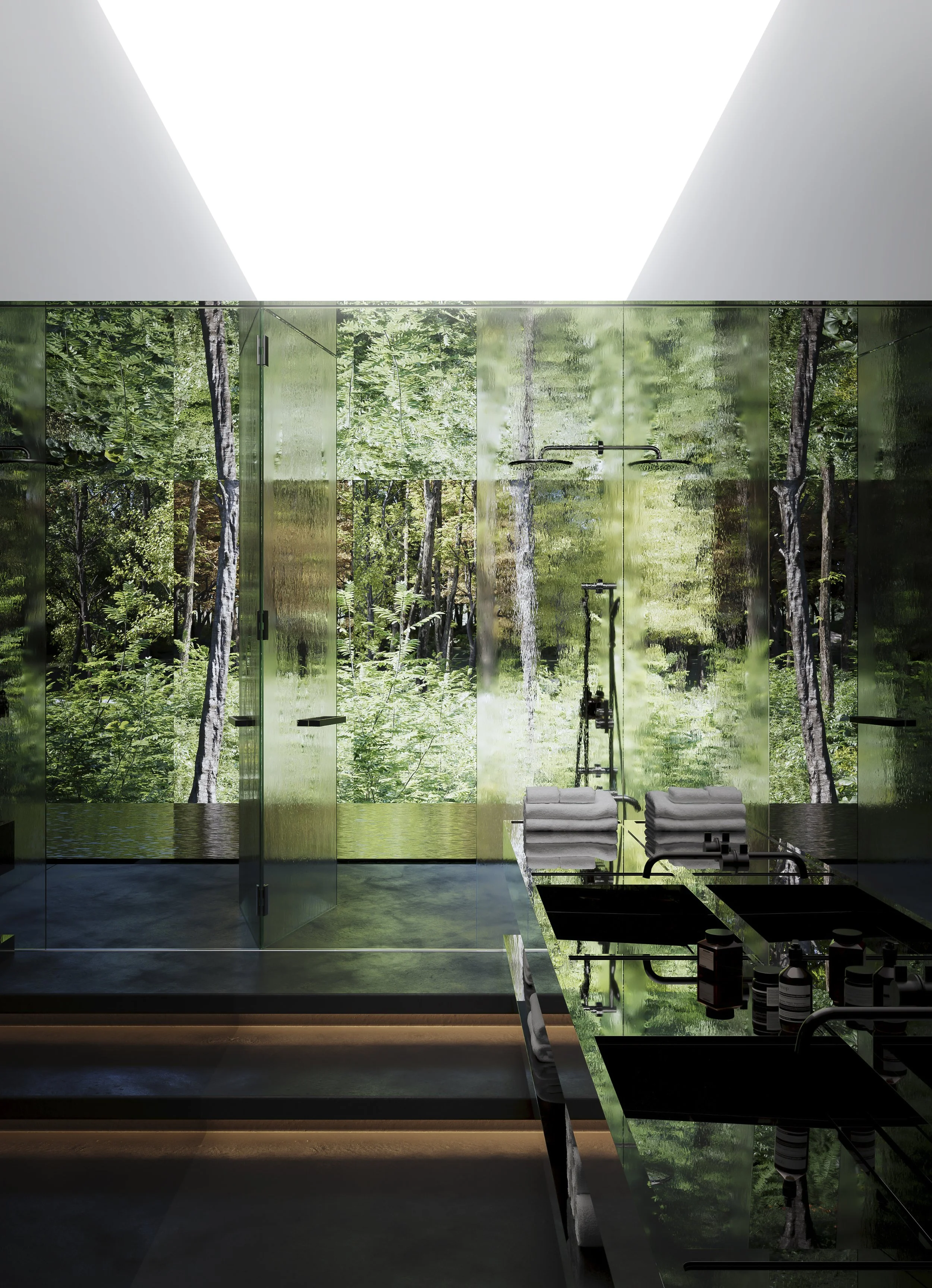 Modern bathroom with glass walls showing a forest view, black sinks, and neatly folded towels on a counter.