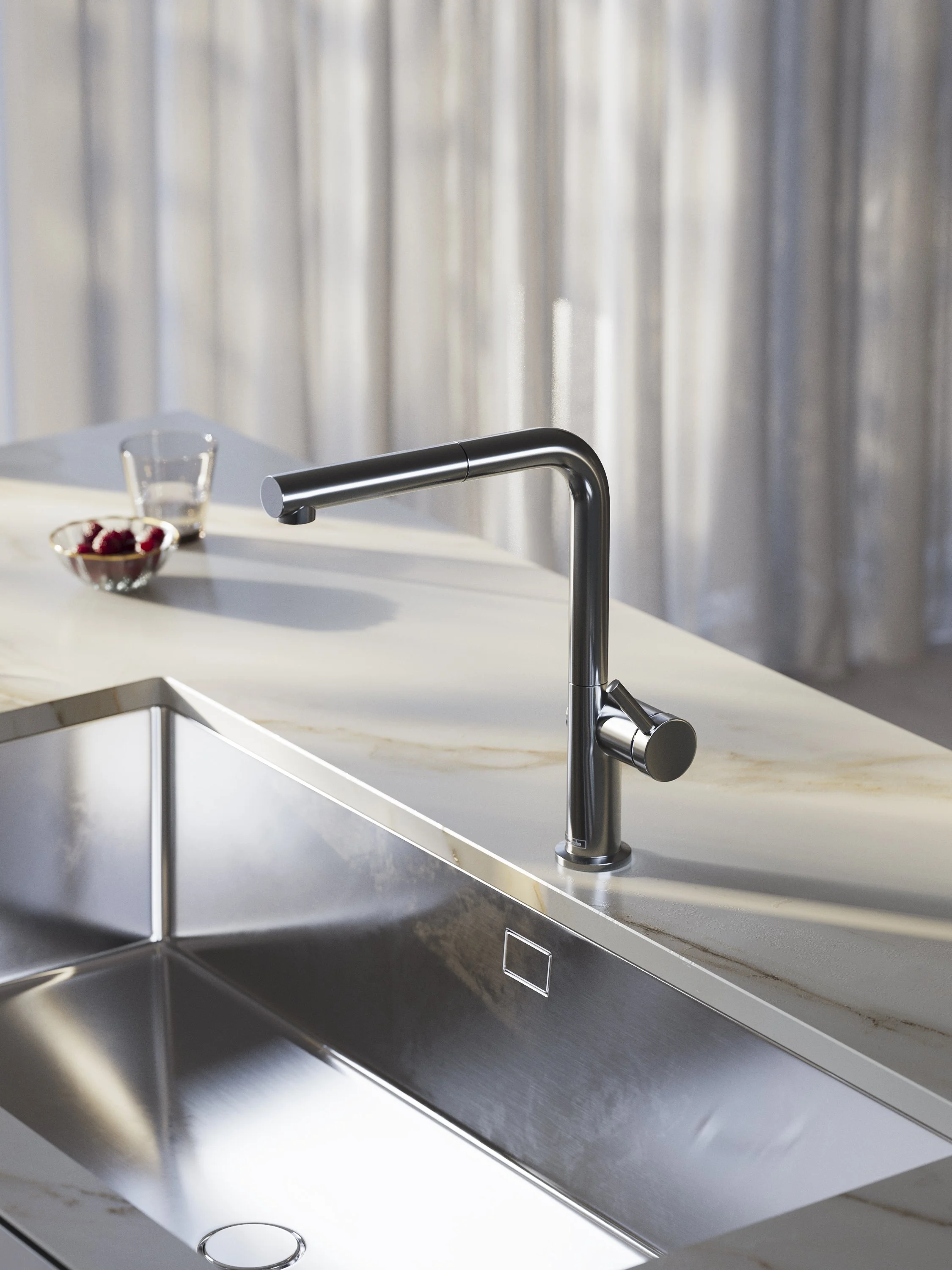 Modern kitchen sink with a stainless steel faucet on a marble countertop, with a bowl of raspberries and a glass of water in the background.