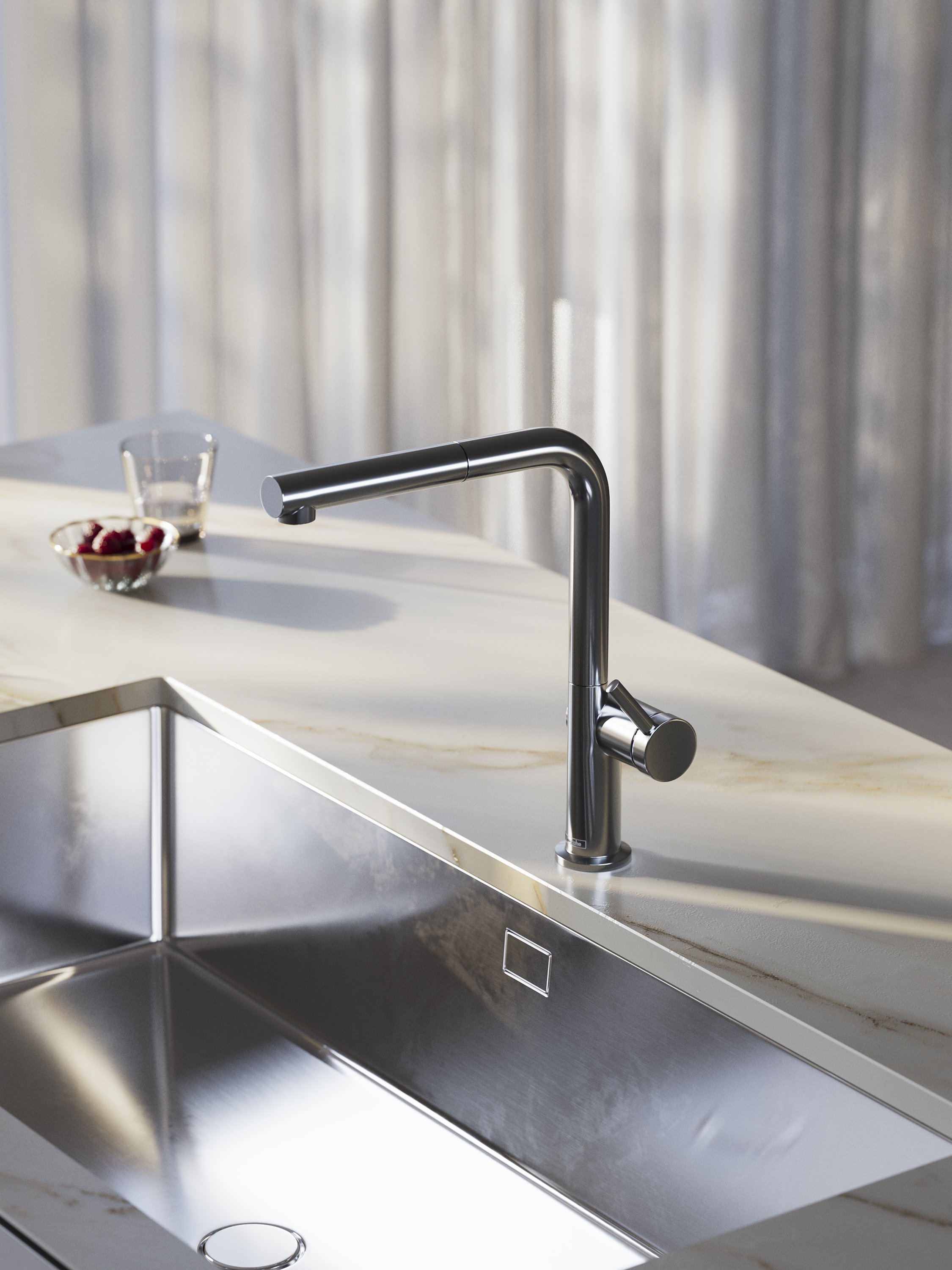 Modern kitchen sink with a sleek stainless steel faucet on a white marble countertop. In the background, there is a small bowl of raspberries and a glass of water.