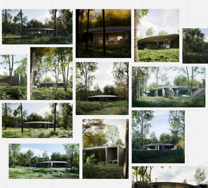 Collage of modern, circular and rectangular houses in wooded environments, shown at different times of the day and seasons, highlighting sleek architecture and natural surroundings.
