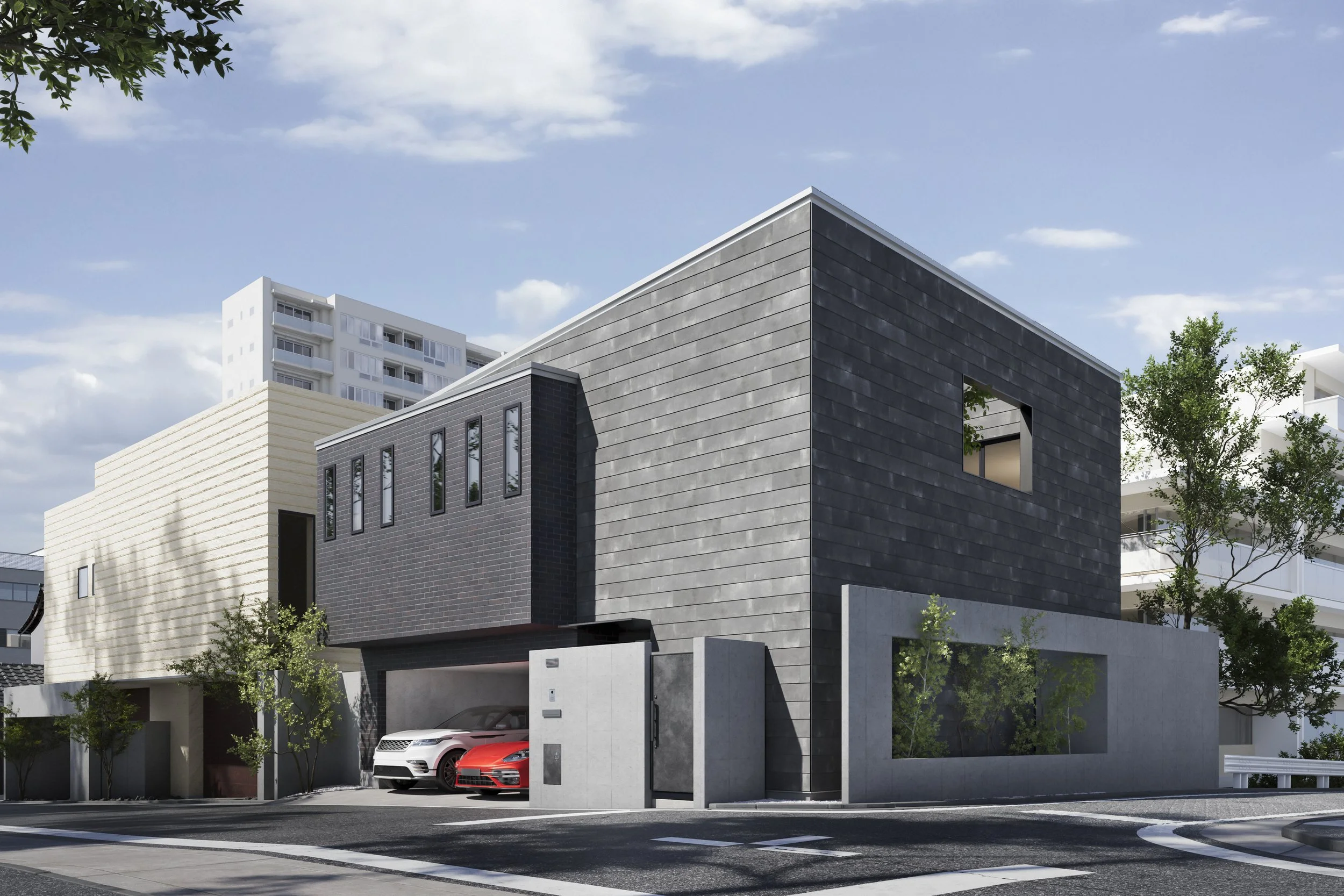 Modern residential building with a garage and two cars parked outside, surrounded by trees and neighboring buildings, under a partly cloudy sky.